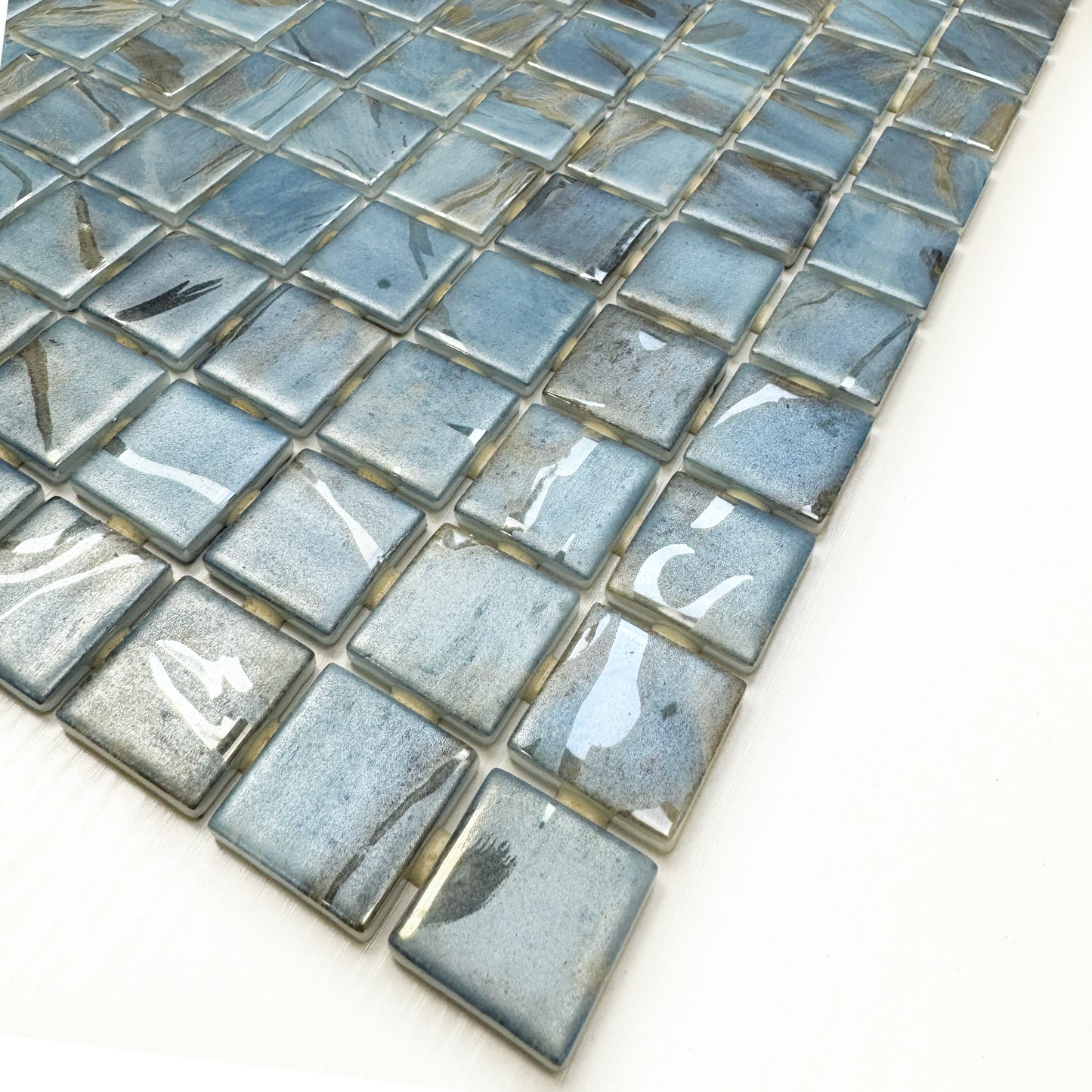 Spanish Mosaic Series Sky Blue &Baby Blue & Earthy Brown Streaks And Swirls Texture Recycled Glass Mosaic