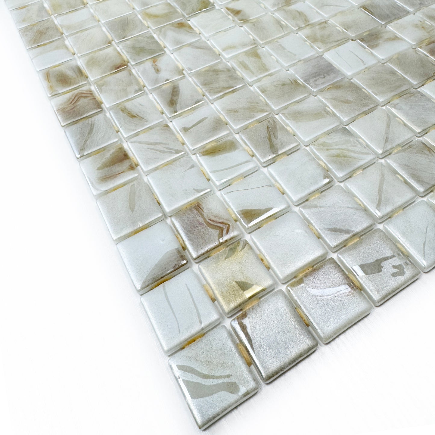 Spanish Mosaic Series Off White & Beige & Light Tan Streaks And Swirls Texture Recycled Glass Mosaic