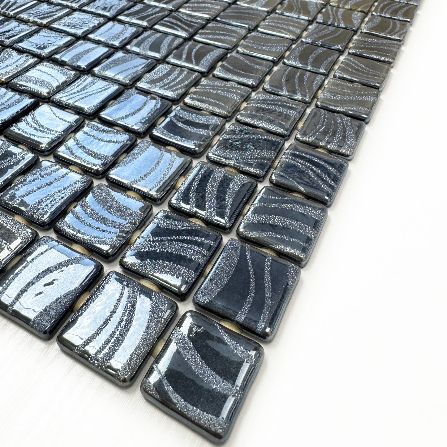 Spanish Mosaic Series Iron Grey & Ash Grey Shinny Streaks And Swirls Texture Recycled Glass Mosaic