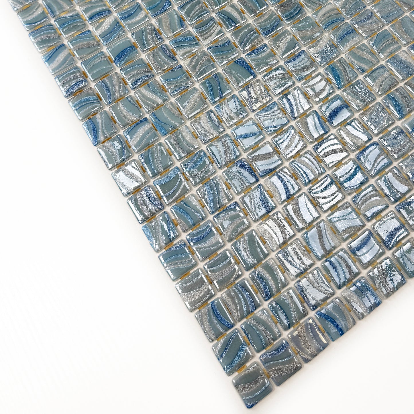 Spanish Mosaic Series White & Royal Blue & Baby Blue Shinny Streaks And Swirls Texture Recycled Glass Mosaic
