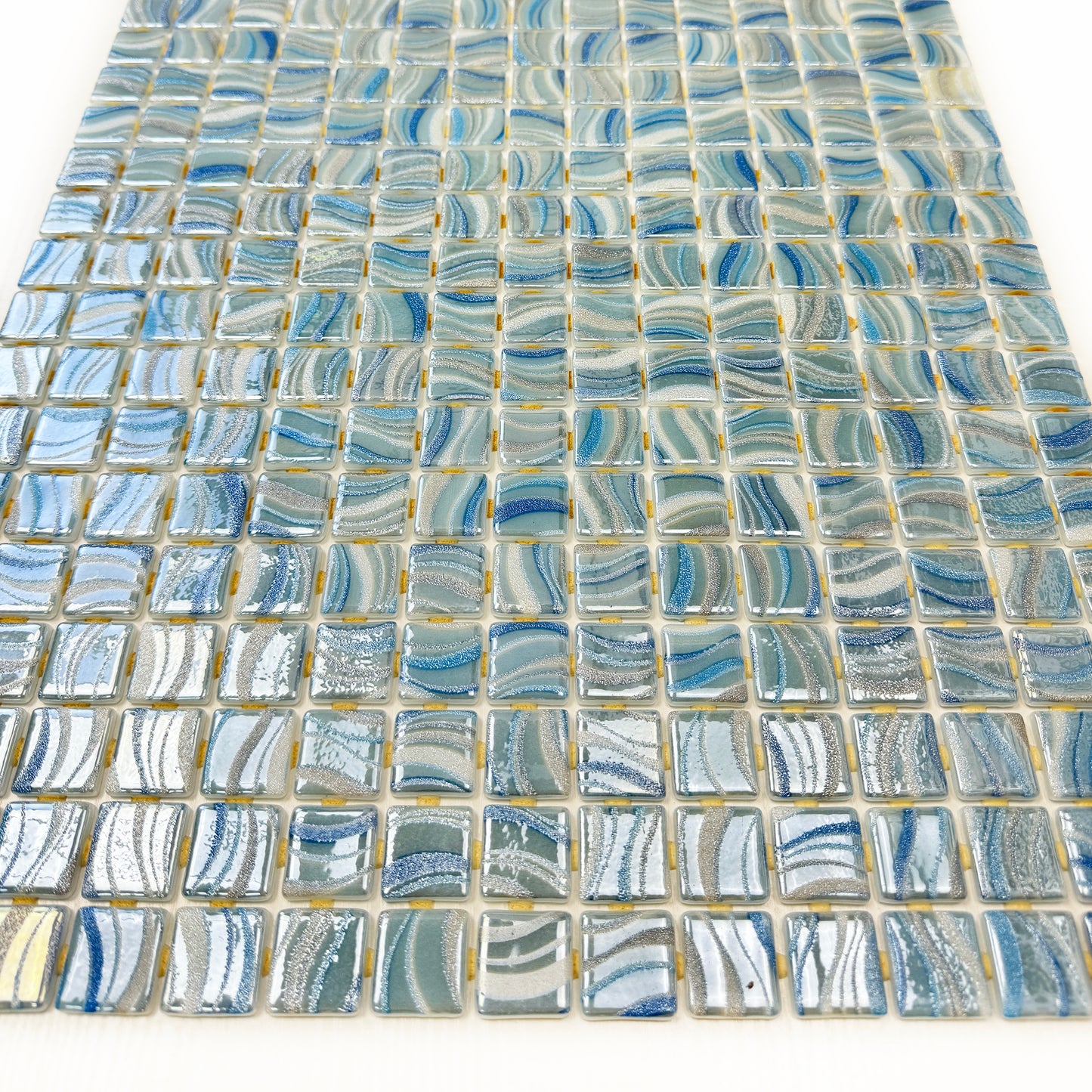 Spanish Mosaic Series White & Royal Blue & Baby Blue Shinny Streaks And Swirls Texture Recycled Glass Mosaic