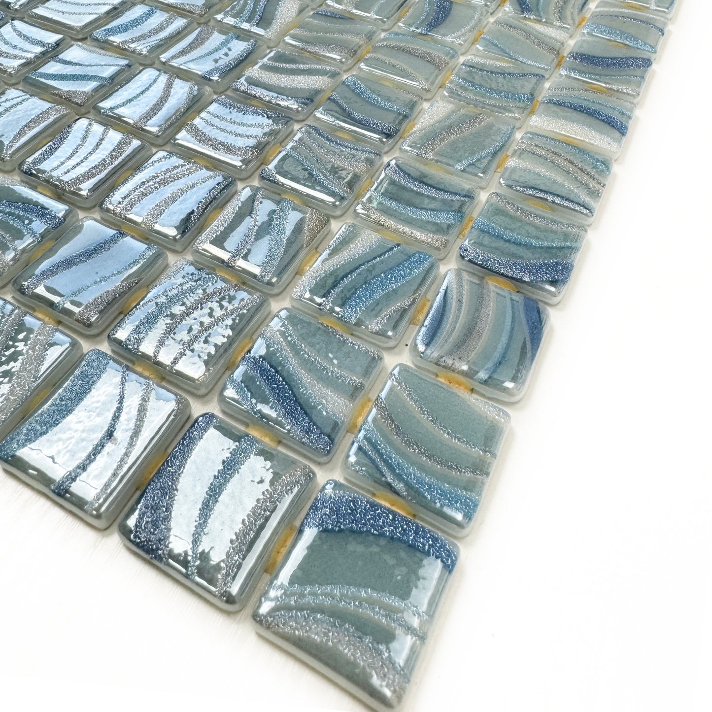 Spanish Mosaic Series White & Royal Blue & Baby Blue Shinny Streaks And Swirls Texture Recycled Glass Mosaic