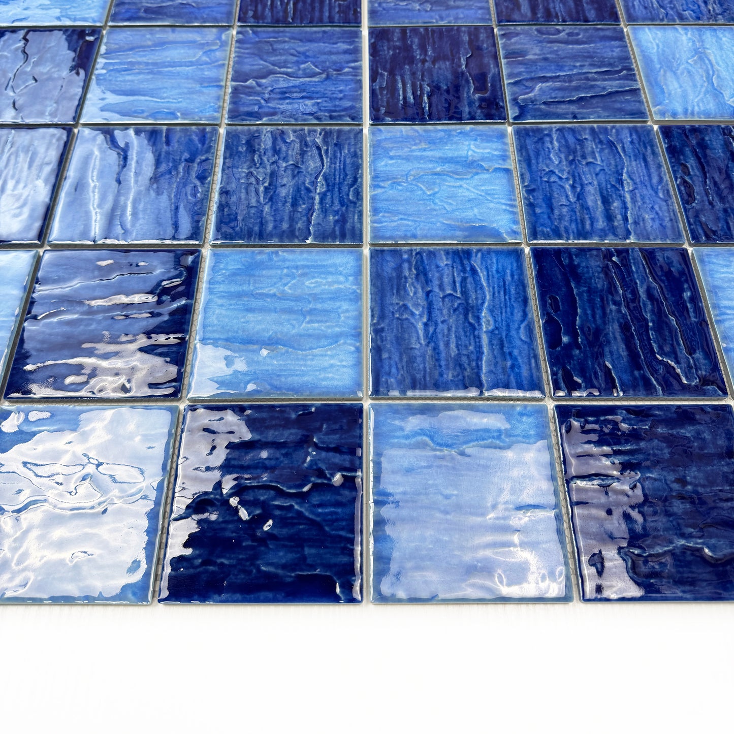 Serene Wave French Blue & Navy Blue Mixed 3D Crystalline Glazed Porcelain Mosaic
