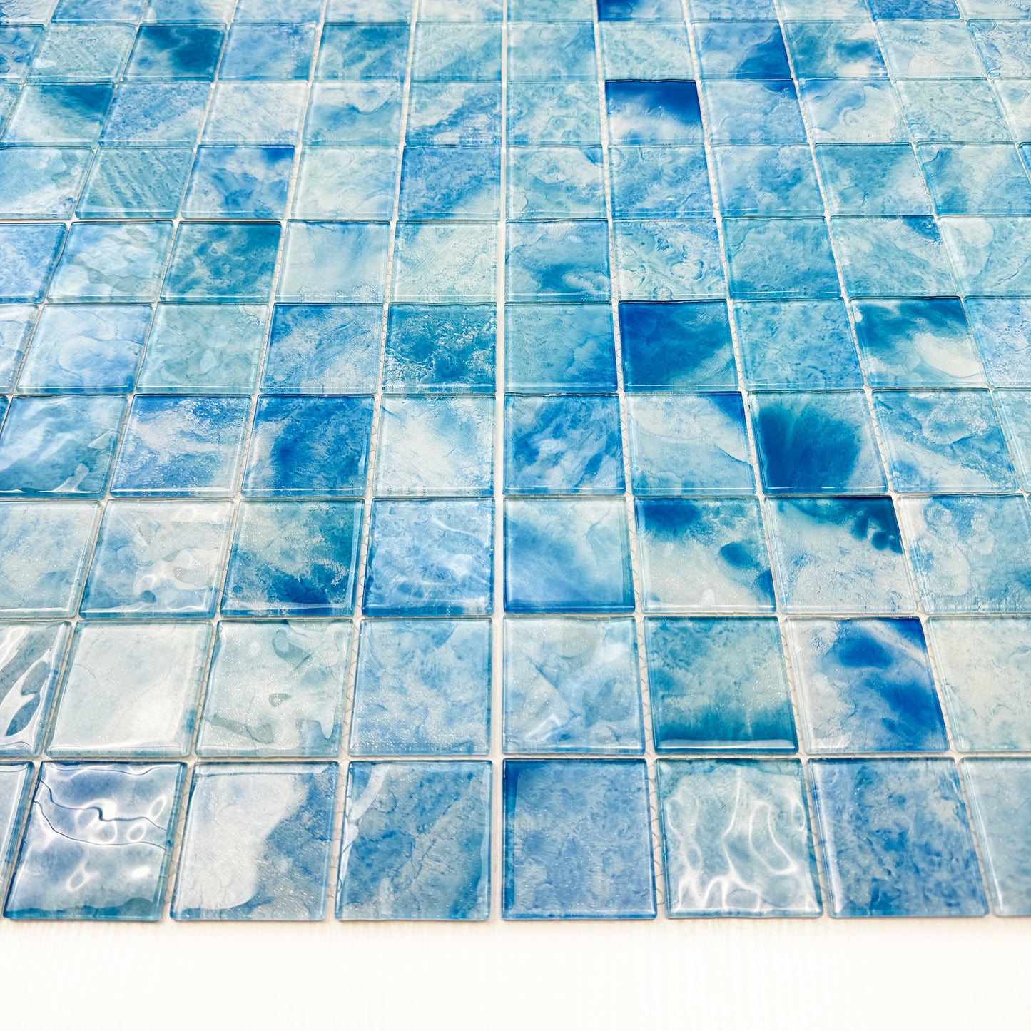 Marble Mirage Series Baby Blue & French Blue & Yale Blue Mixed Marble Transparent Texture Crystal Glass Mosaic
