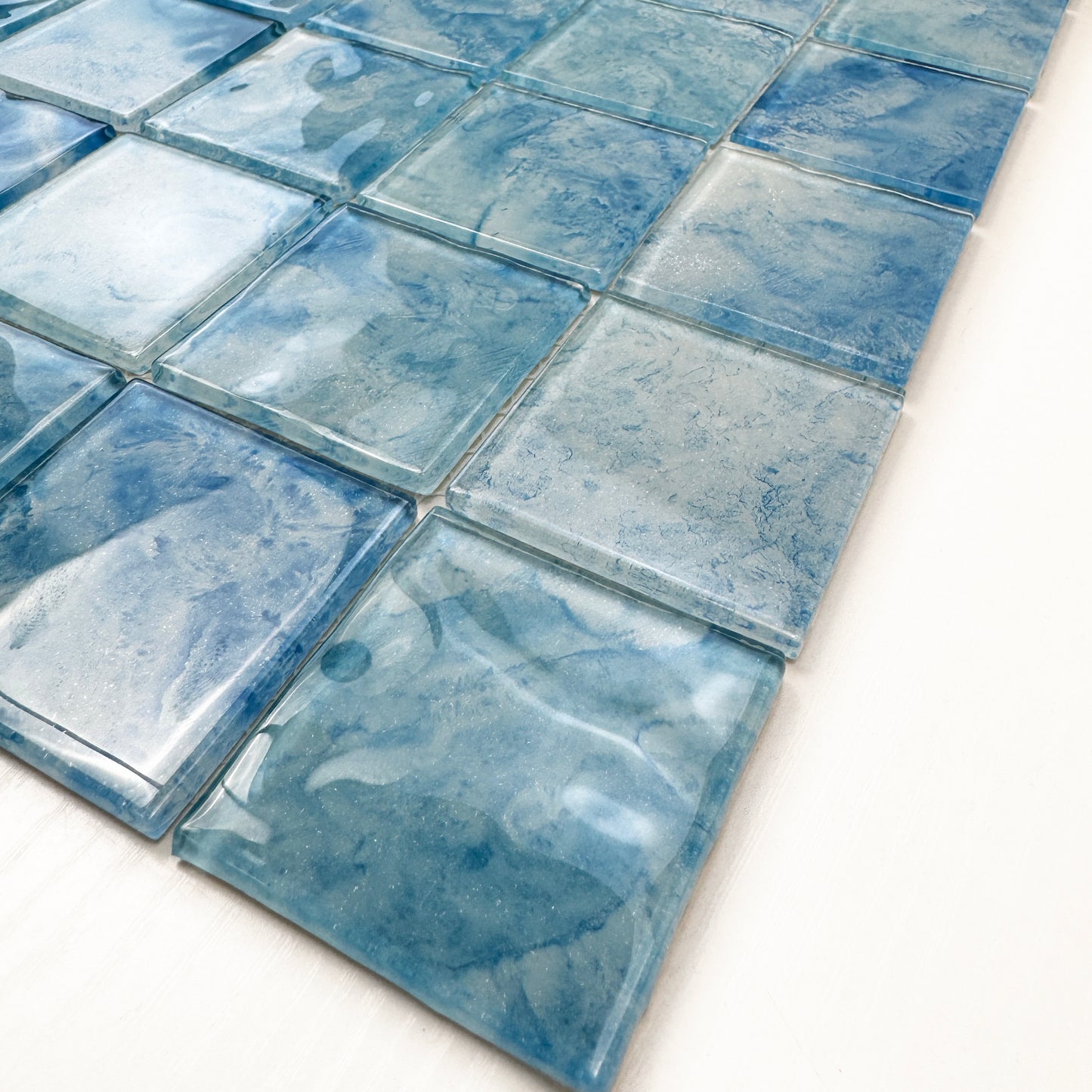 Marble Mirage Series Baby Blue & French Blue & Yale Blue Mixed Marble Transparent Texture Crystal Glass Mosaic
