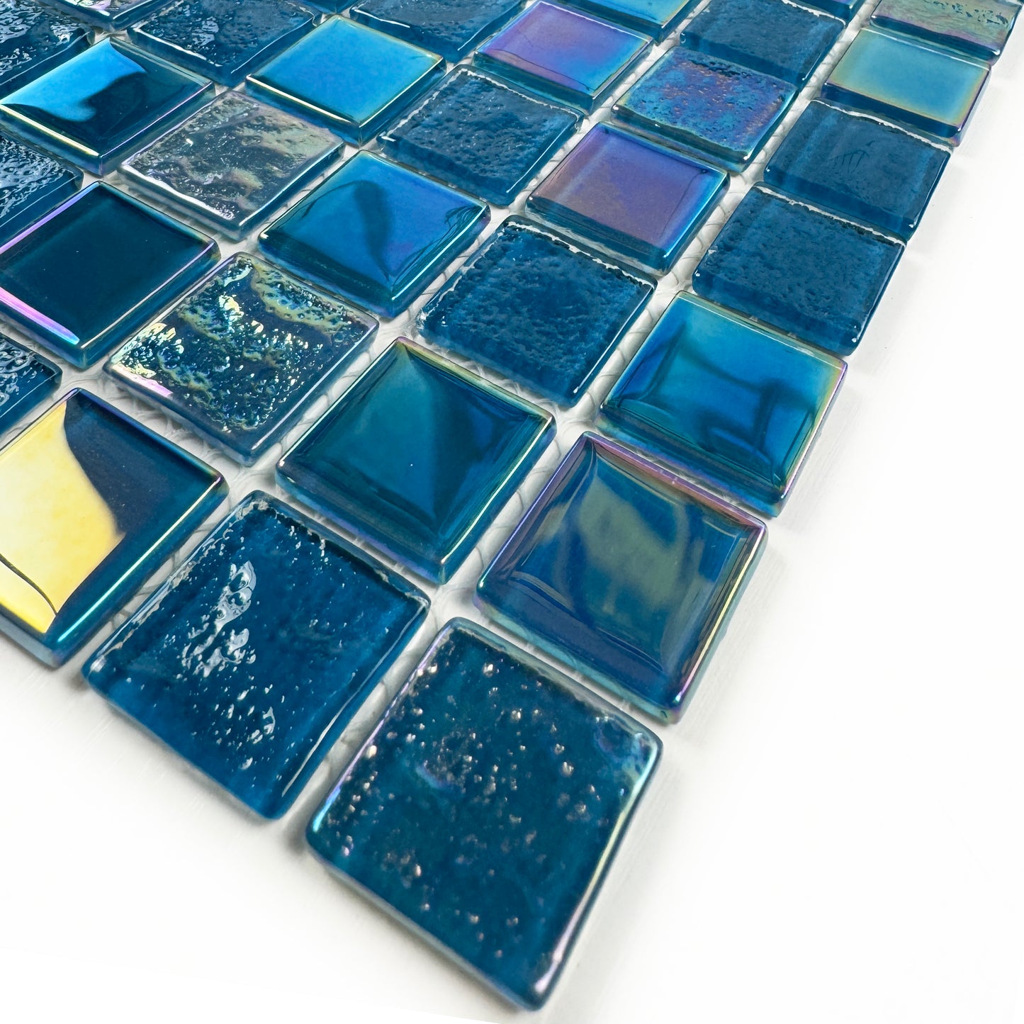 Crystal Cascade Collection Pine Green & Sapphire Blue Iridescent Mixed Wave Pattern Crystal Glass Mosaic
