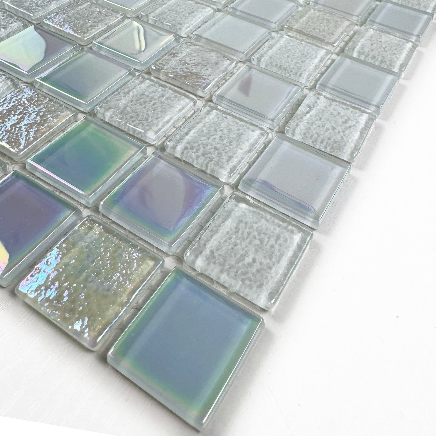 Crystal Cascade Collection White Iridescent Mixed Wave Pattern Crystal Glass Mosaic