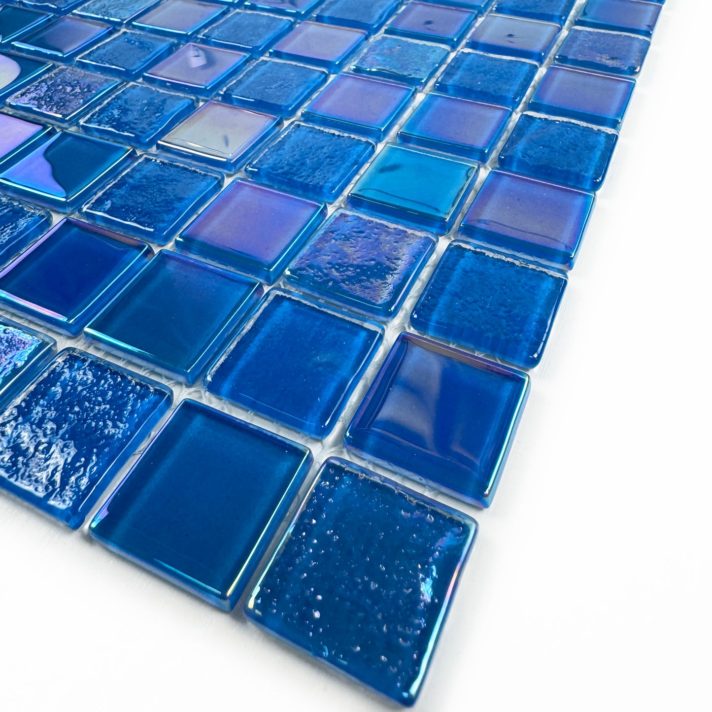 Crystal Cascade Collection French Blue & Oriental Blue Iridescent Mixed Wave Pattern Crystal Glass Mosaic
