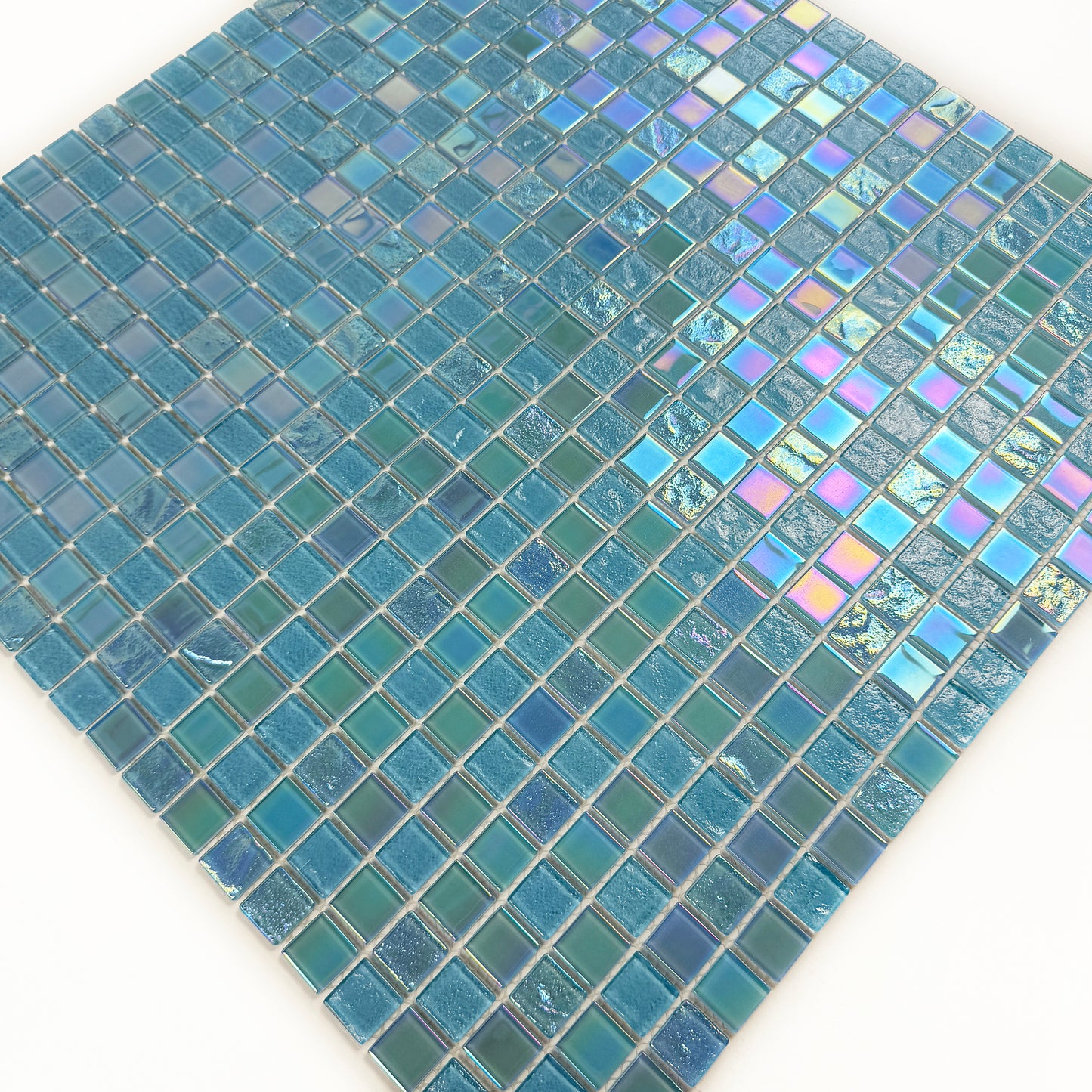 Crystal Cascade Collection Sky Blue & Nile Blue Iridescent Mixed Wave Pattern Crystal Glass Mosaic
