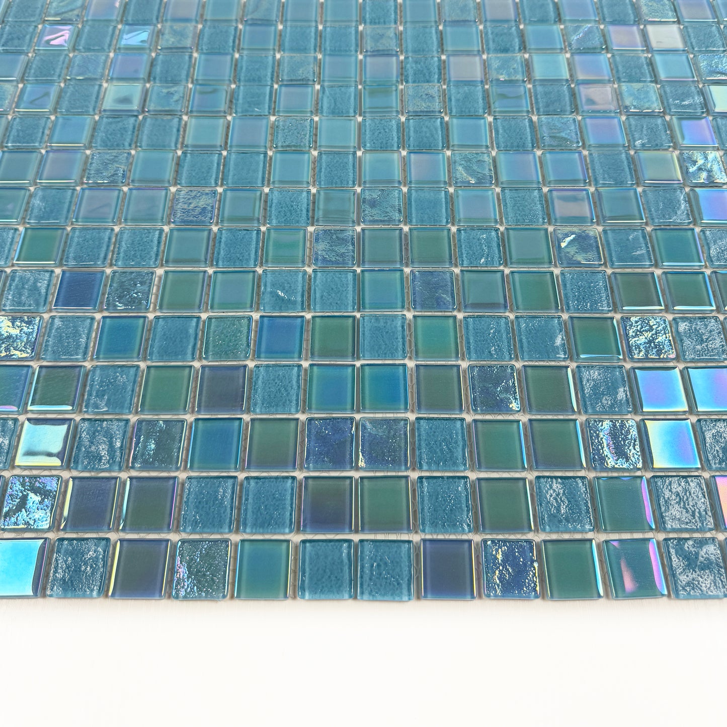 Crystal Cascade Collection Sky Blue & Nile Blue Iridescent Mixed Wave Pattern Crystal Glass Mosaic