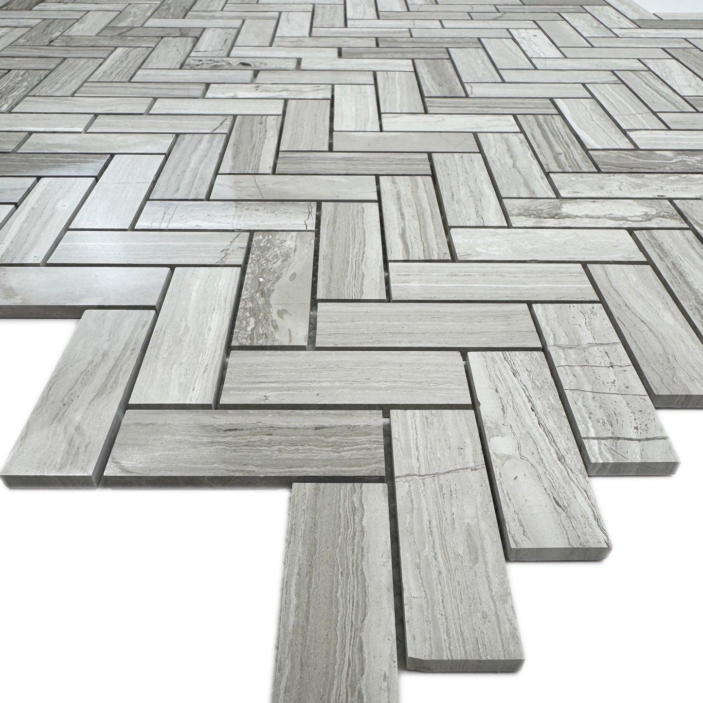 White Wood Series Vein Polished Herringbone Marble Mosaic