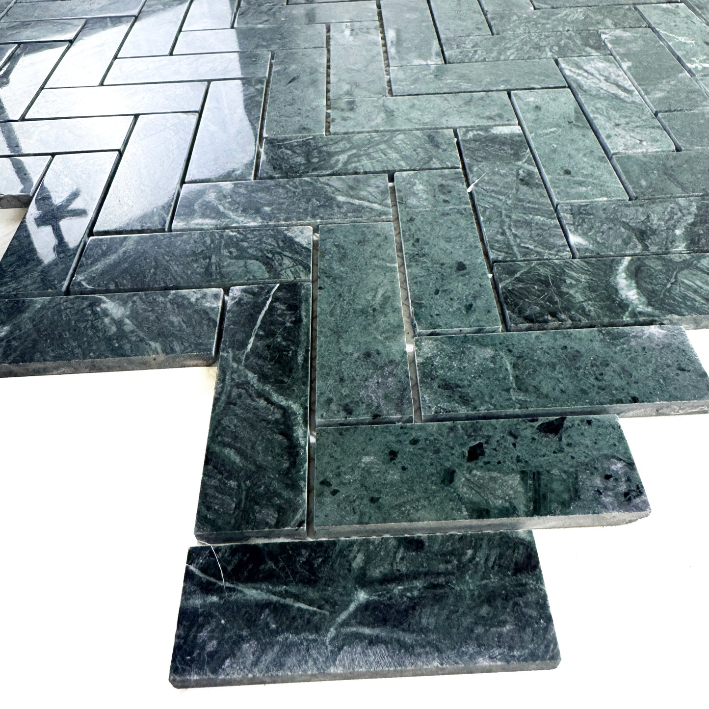 Verde Alpi Series Dark Green Polished Herringbone Marble Mosaic