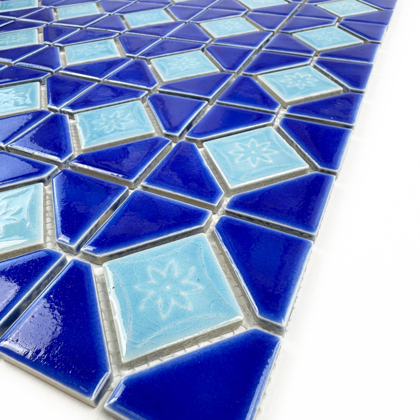 Fina Standard Pool Tile Series Cobalt Blue And Light Blue Diamond Pattern With Square Shape Porcelain Border
