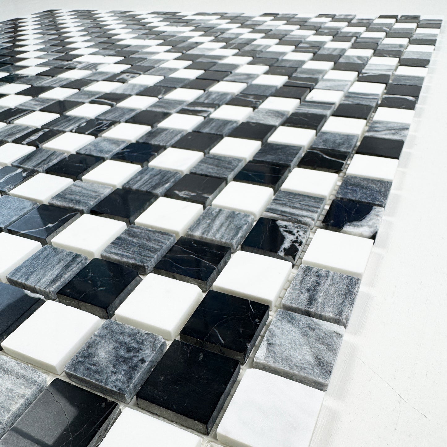 Barcelona Earth Series White & Lava Grey & Charcoal Grey Mixed Honed Regular Pattern Square Marble Mosaic