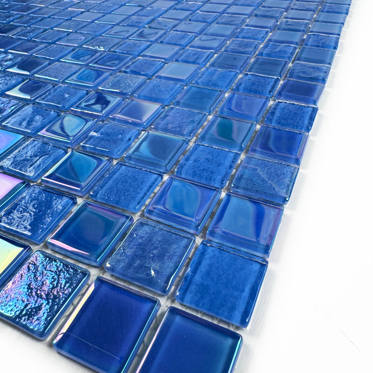 Crystal Cascade Collection French Blue Iridescent Mixed Wave Pattern Crystal Glass Mosaic