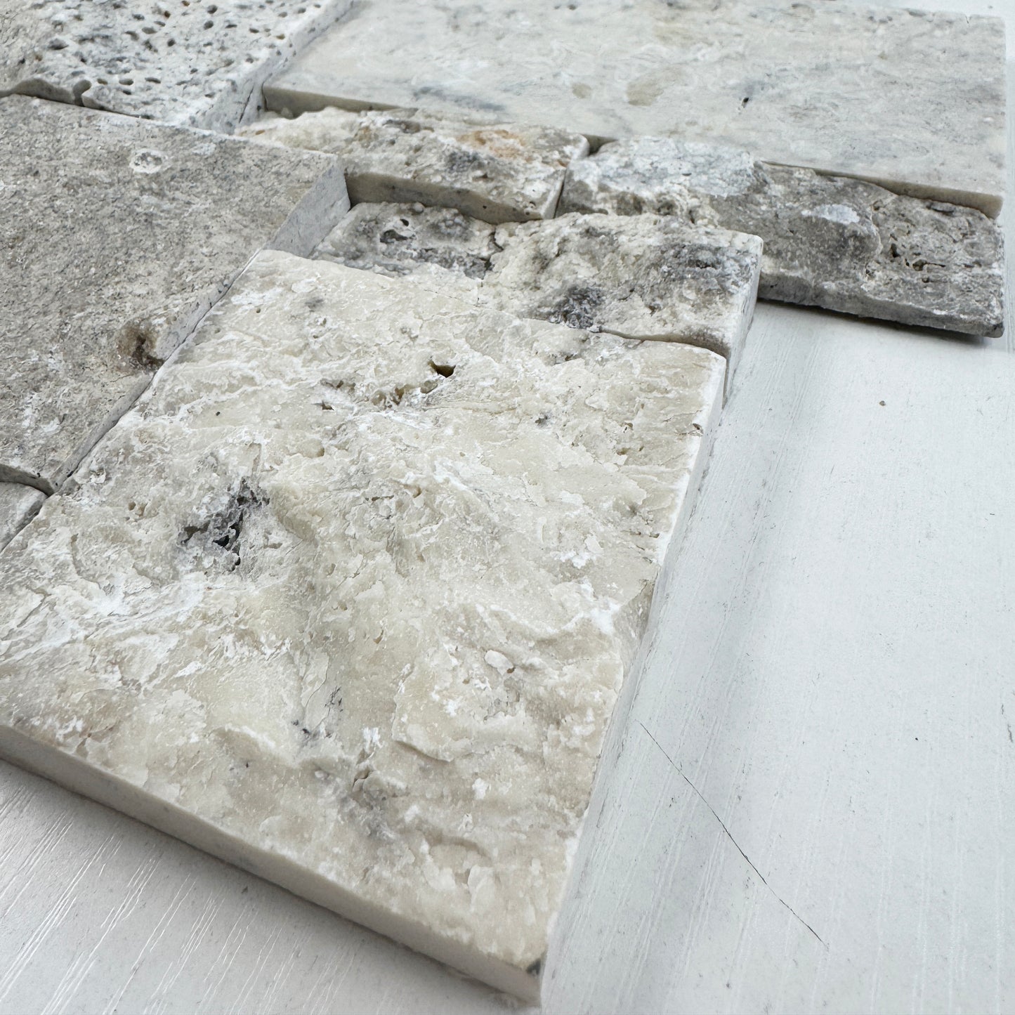 Marrakech Splendor Series Lava Grey & Thunder Grey & Seal Grey Mixed Split Surface Interlocking Rectangular Pattern Travertine Mosaic