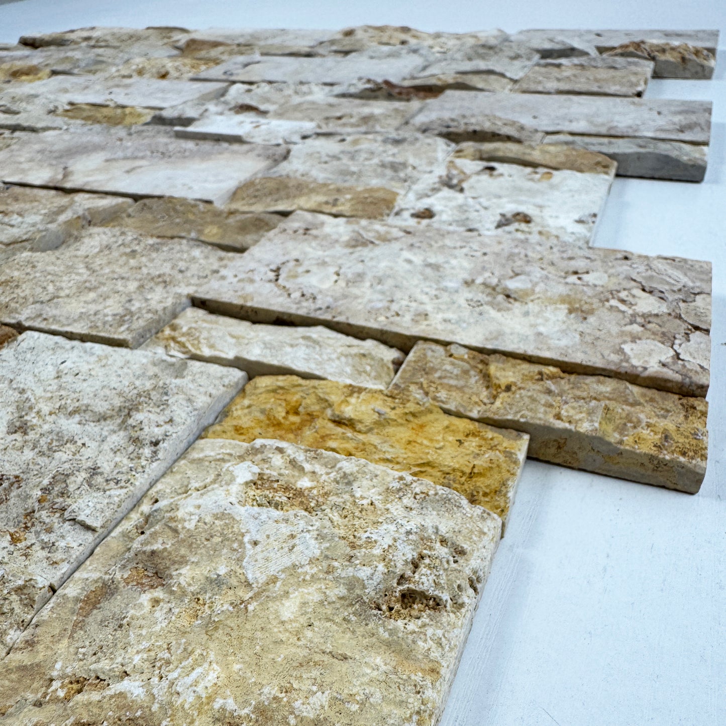 Marrakech Splendor Series Golden Yellow Split Surface Interlocking Rectangular Pattern Travertine Mosaic