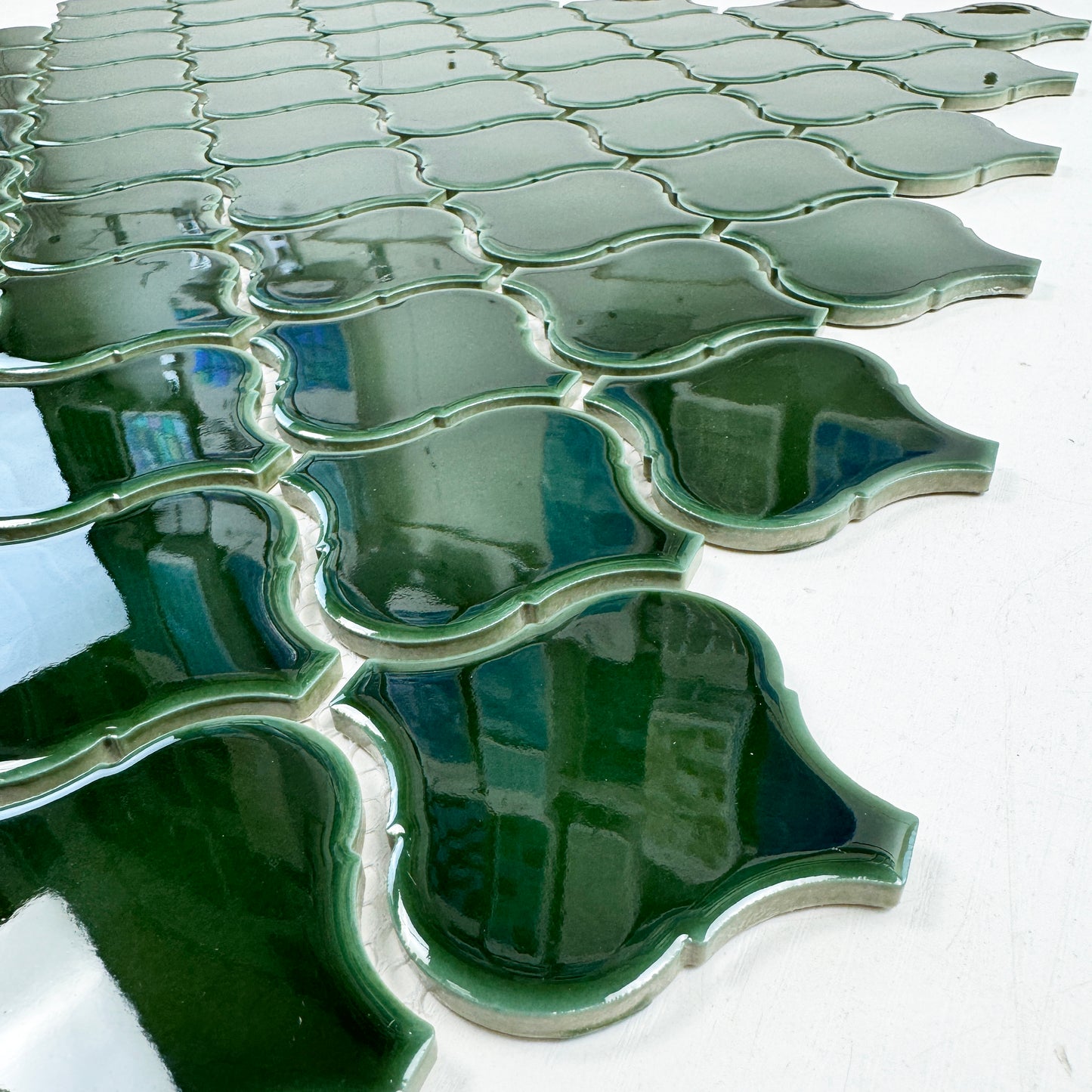 Ravello Garden Series Deep Emerald Green Lantern-Inspired Shape Glossy Porcelain Mosaic ld Green Elongated Hexagonal Shape Glossy Porcelain Mosaic