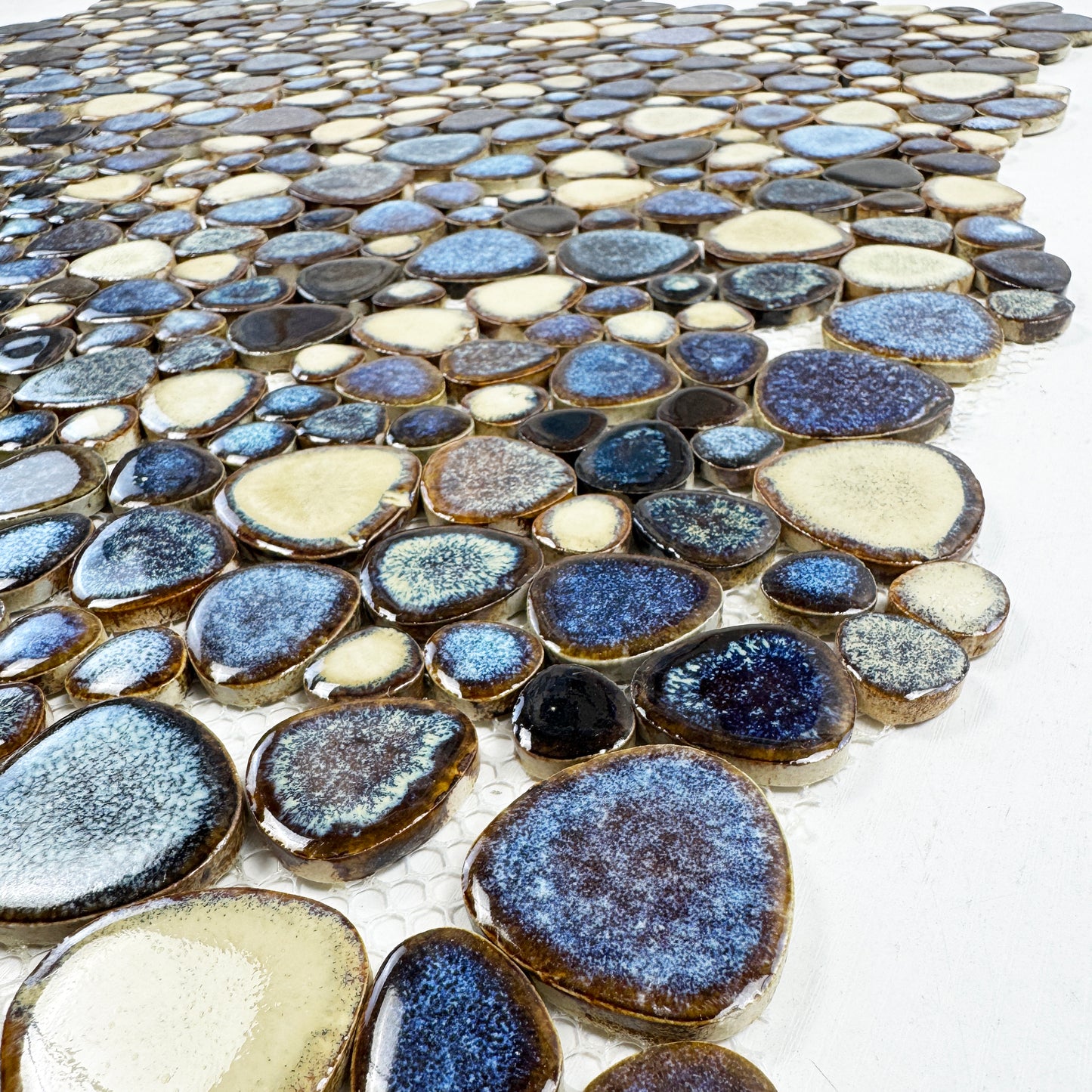 Positano Sky Series Cream White & Midnight Blue & Walnut Brown Mixed Round Ice Crack Porcelain Mosaic