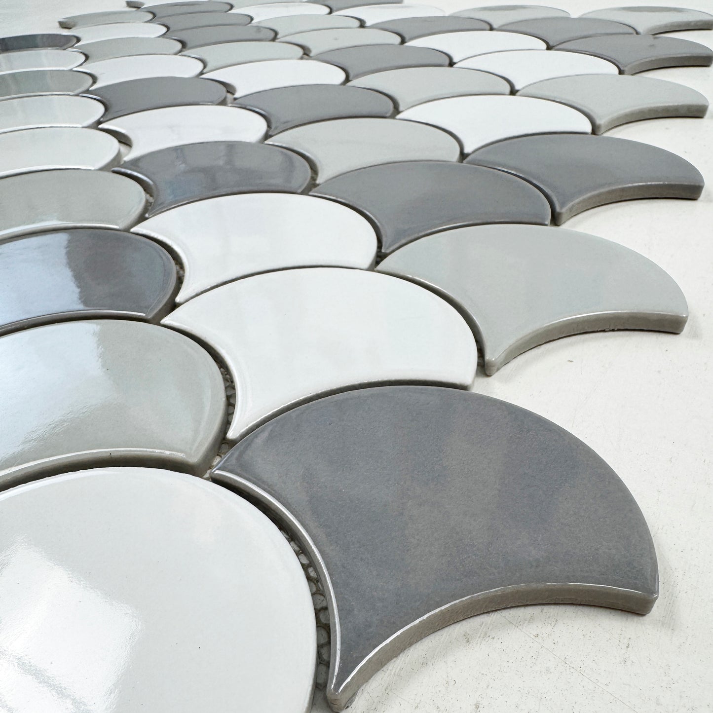 Verona Grace Series White & Light Grey & Dark Grey Mixed Fan Shape Porcelain Mosaic