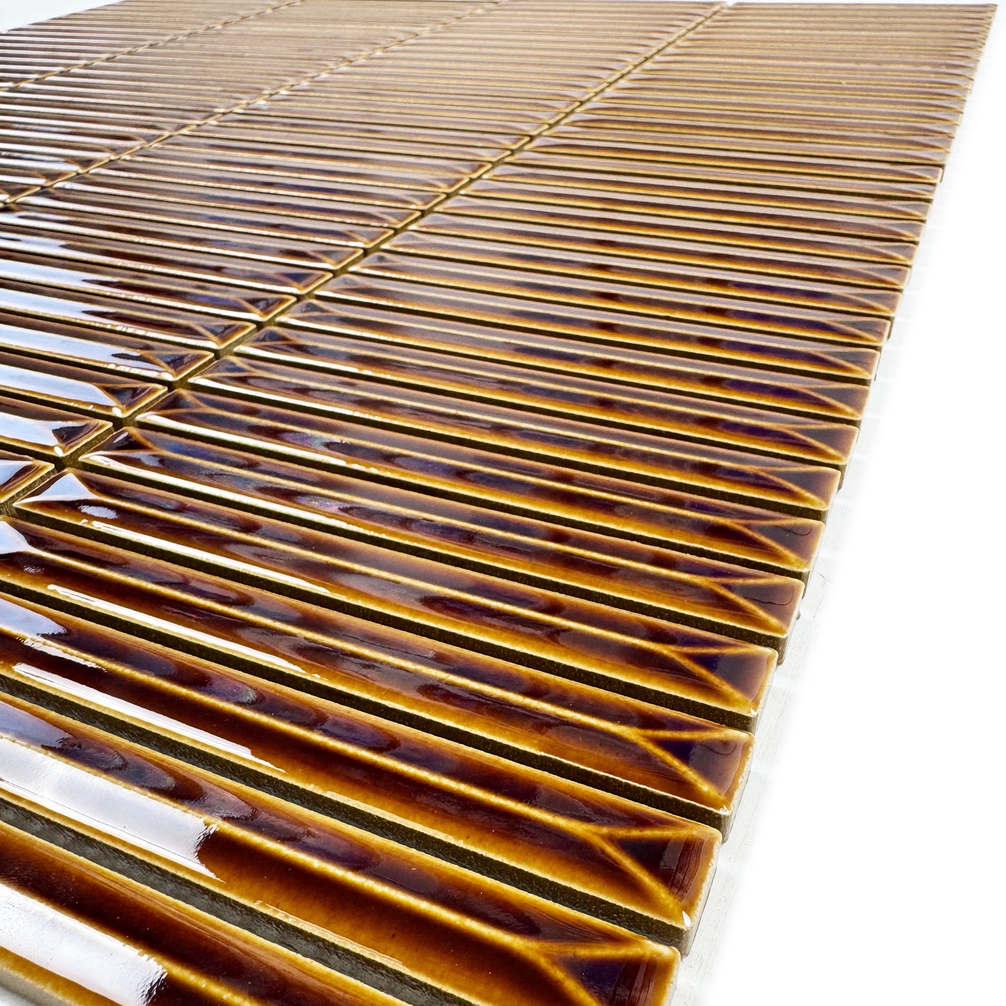 Sicilian Luxury Series Caramel Brown Elongated Beveled Rectangular Shape Glossy Porcelain Mosaic