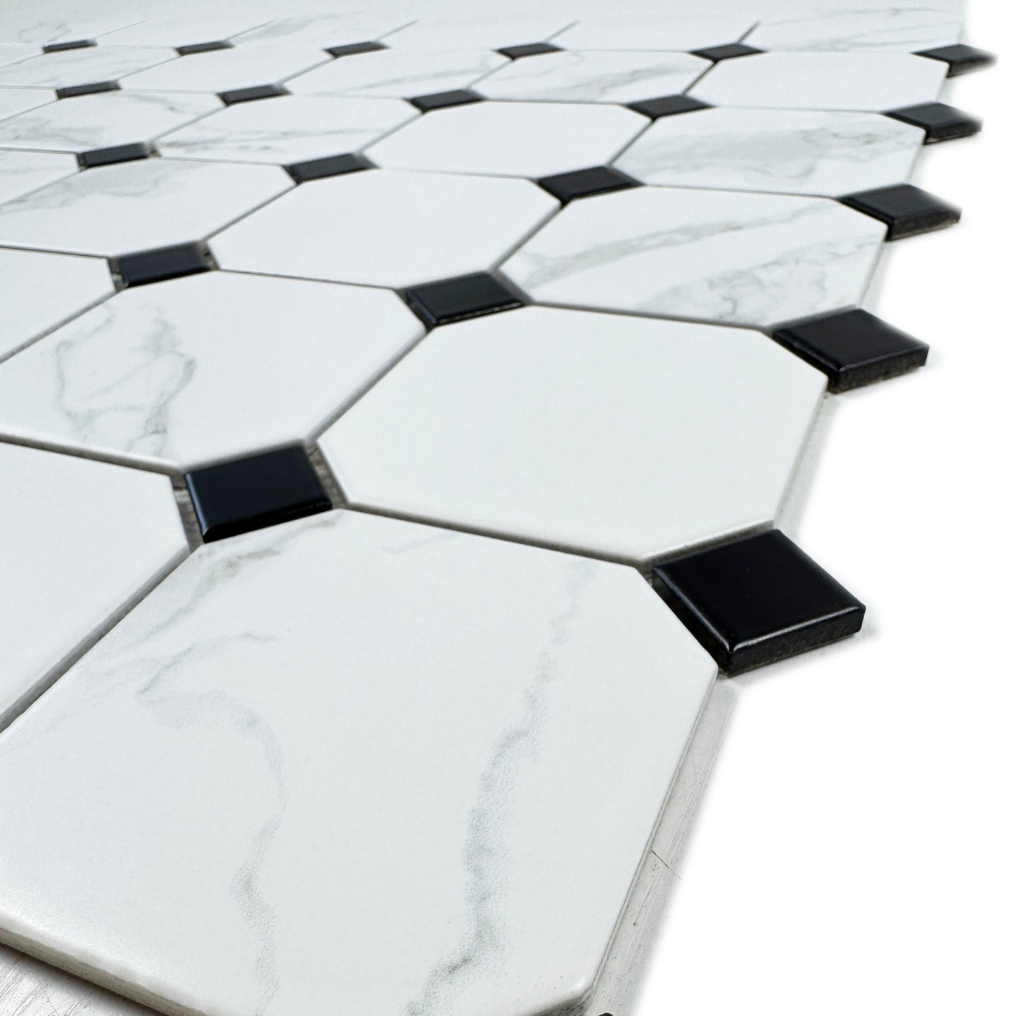 Carrara Lumina Series Carrara White Hexagon With Black Square Mixed Porcelain Mosaic