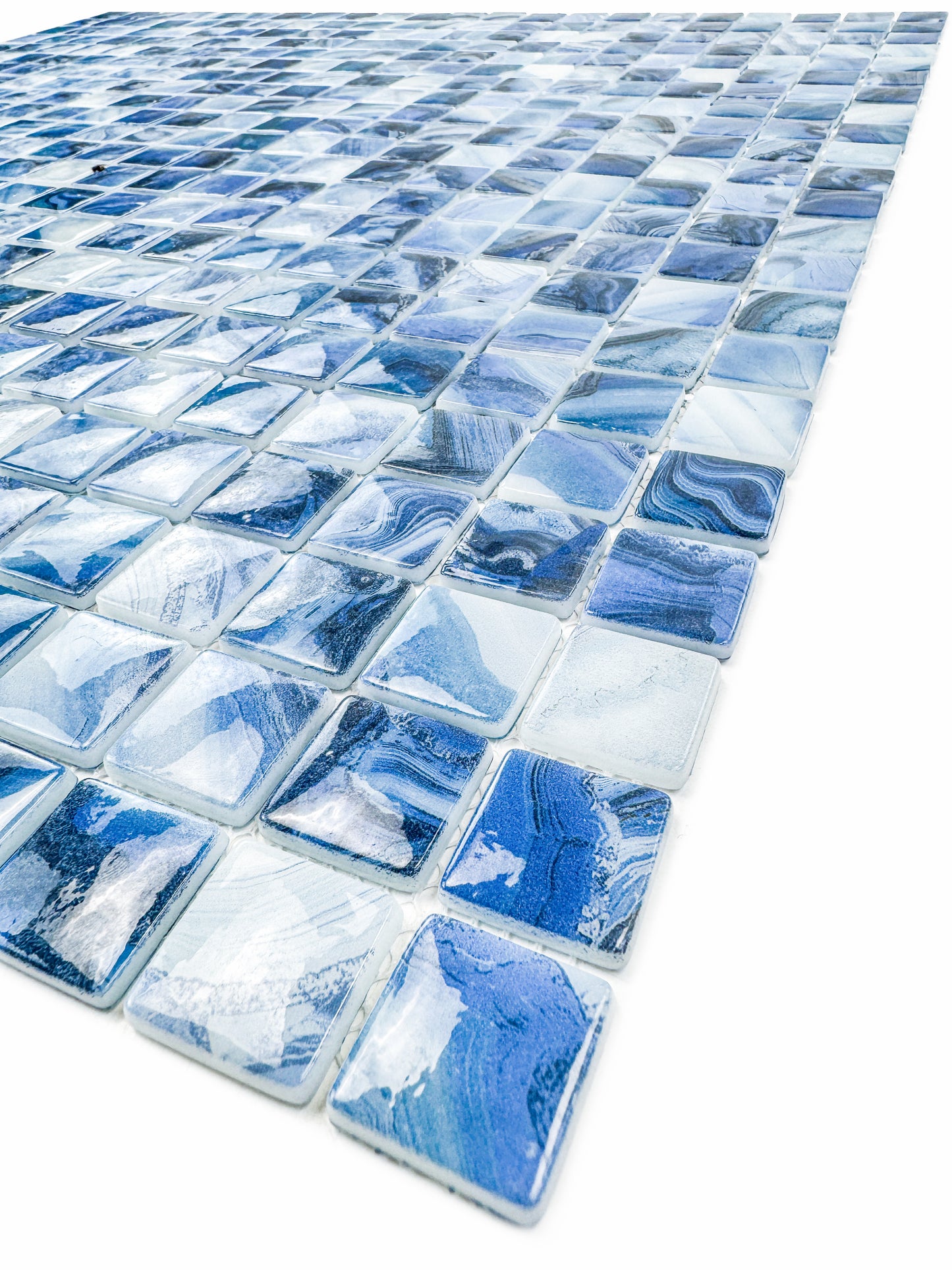 Opulent Vein Series Yale Blue & Milk White Marble Texture Glossy Recycled Glass Mosaic