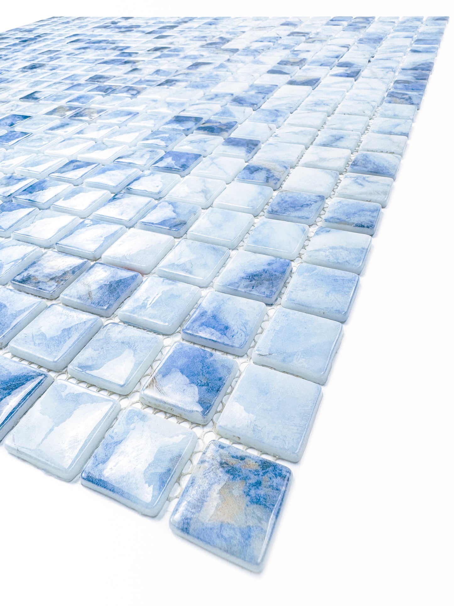 Opulent Vein Series Light Blue & Baby Blue Marble Texture Glossy Recycled Glass Mosaic