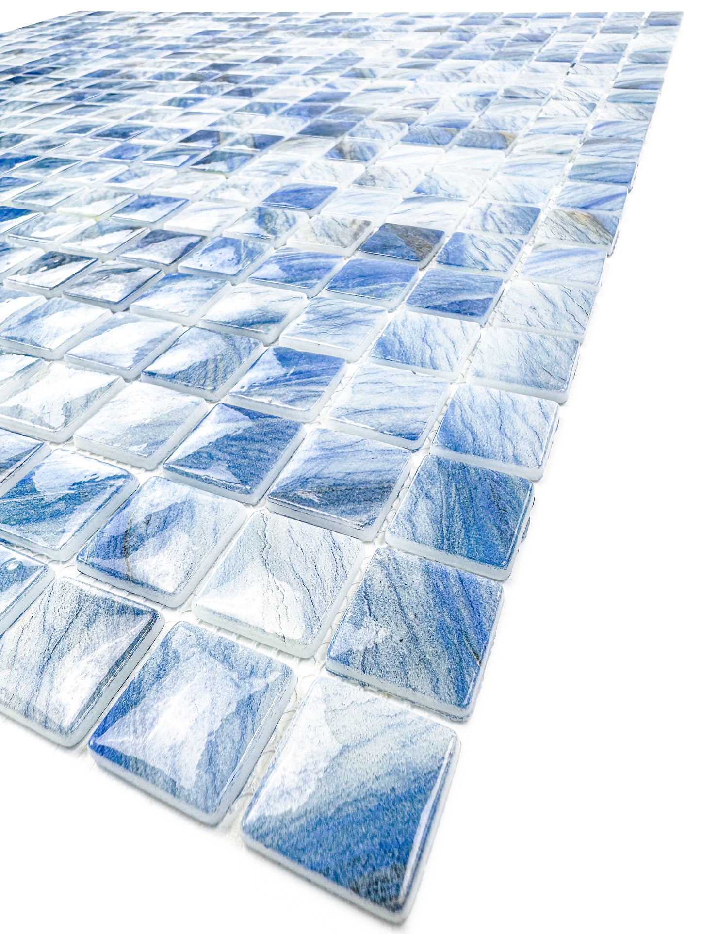 Opulent Vein Series Ice Blue & Royal Blue Marble Texture Glossy Recycled Glass Mosaic