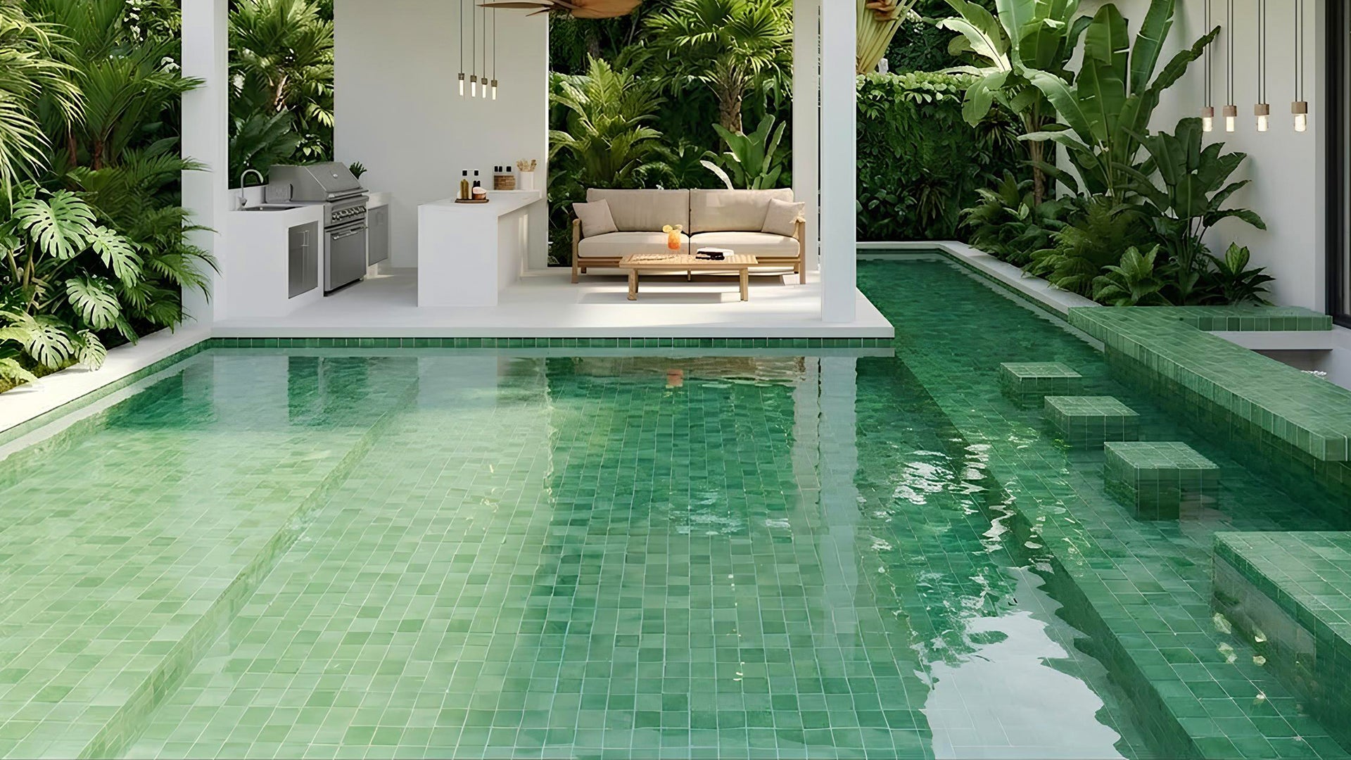 Modern outdoor pool area with green tiles, surrounded by tropical plants.