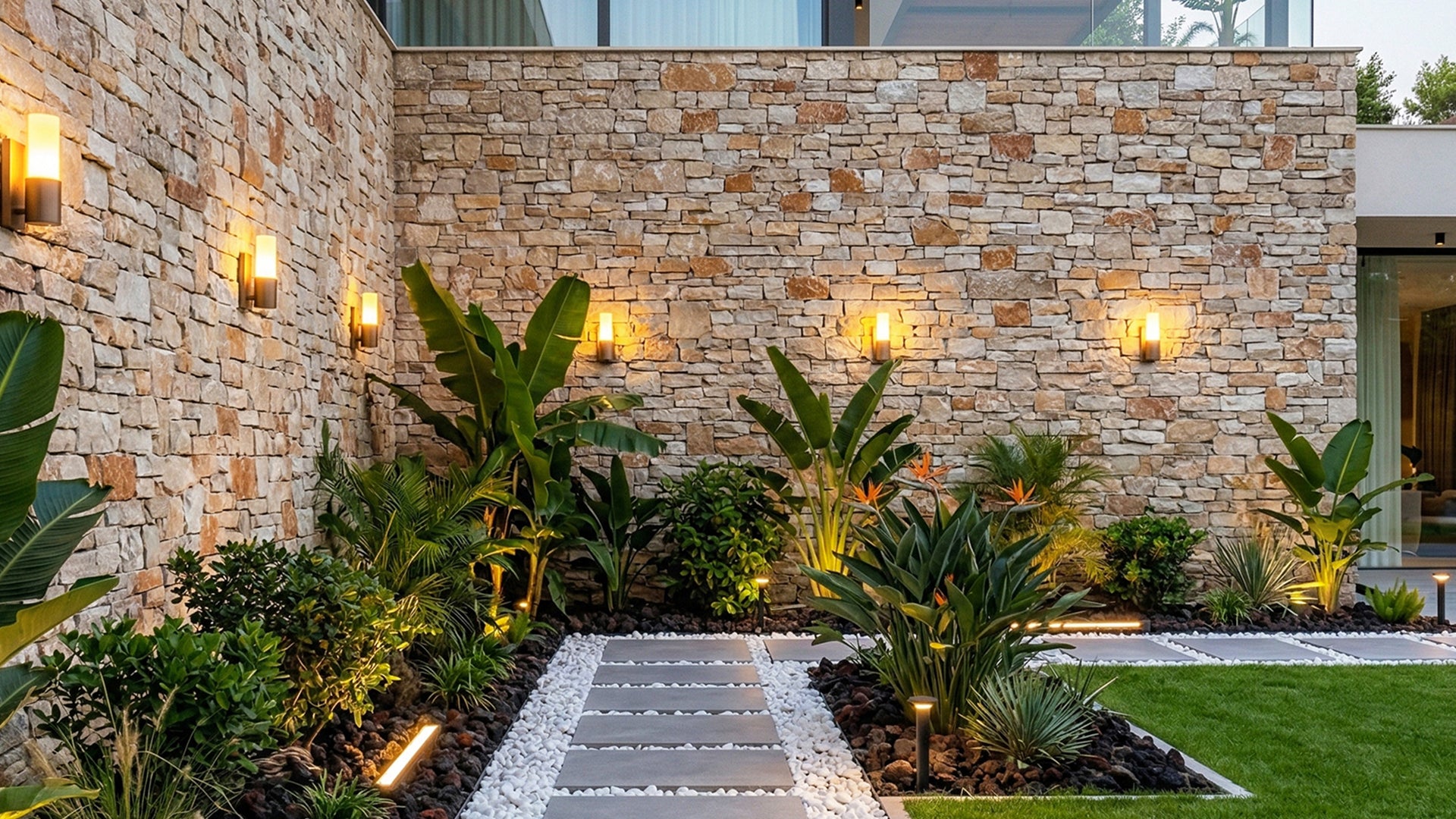 Garden pathway leading to a stone wall with decorative lights and plants.
