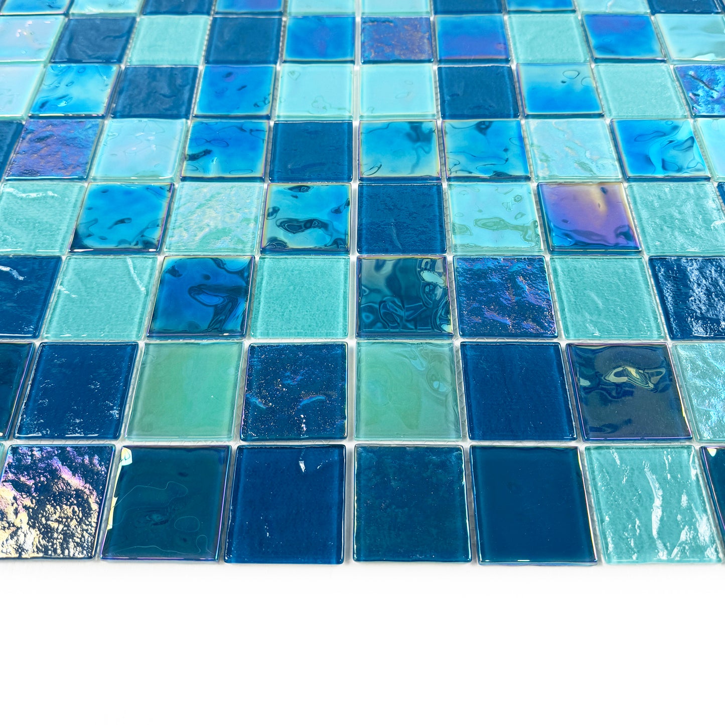 Crystal Cascade Series Pine Green & Sapphire Blue Iridescent Mixed Wave Pattern Crystal Glass Mosaic