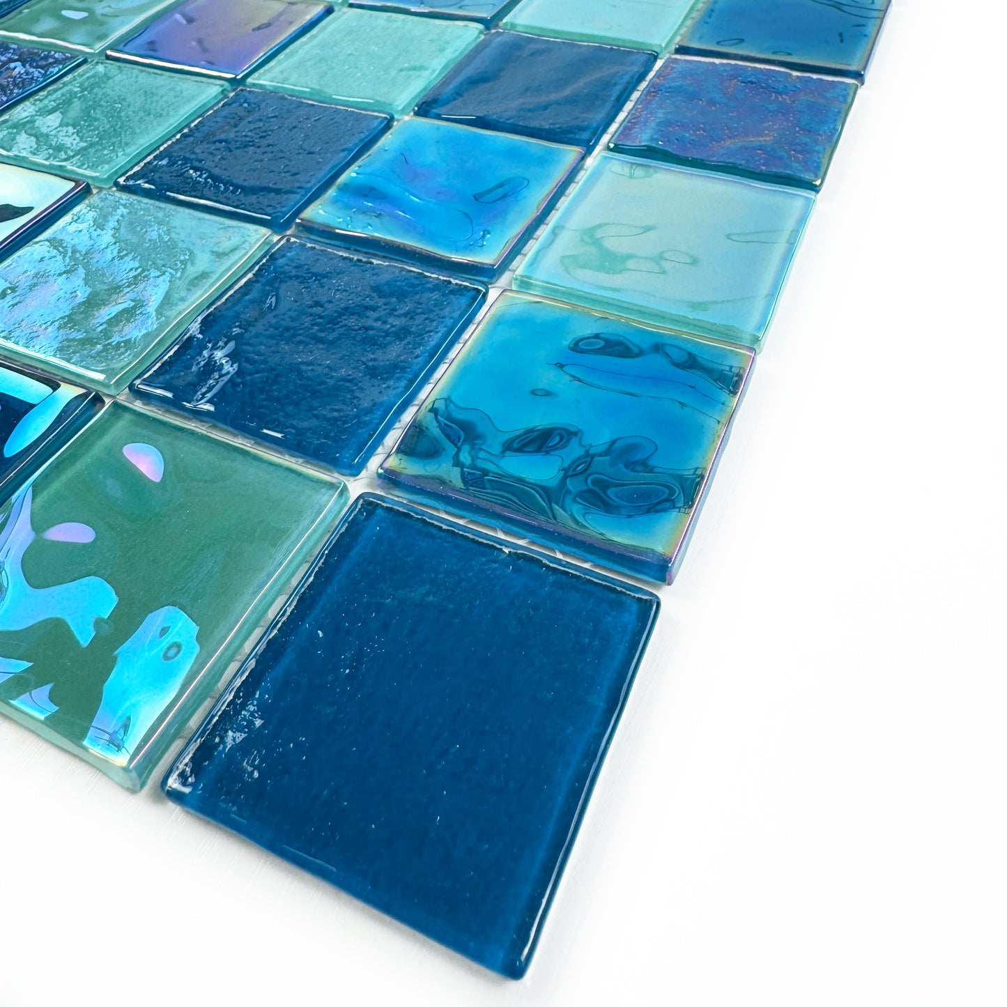 Crystal Cascade Series Pine Green & Sapphire Blue Iridescent Mixed Wave Pattern Crystal Glass Mosaic