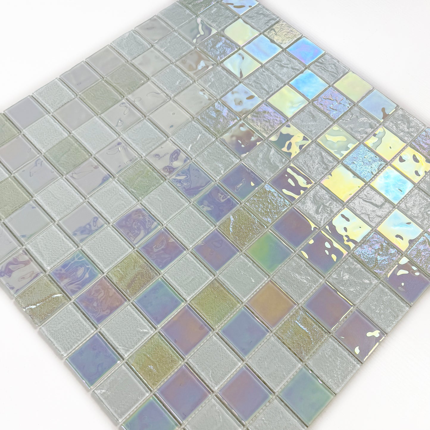Crystal Cascade Series White Iridescent Mixed Wave Pattern Crystal Glass Mosaic