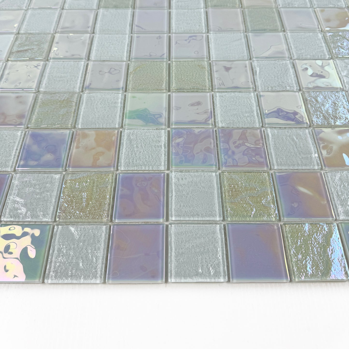 Crystal Cascade Series White Iridescent Mixed Wave Pattern Crystal Glass Mosaic