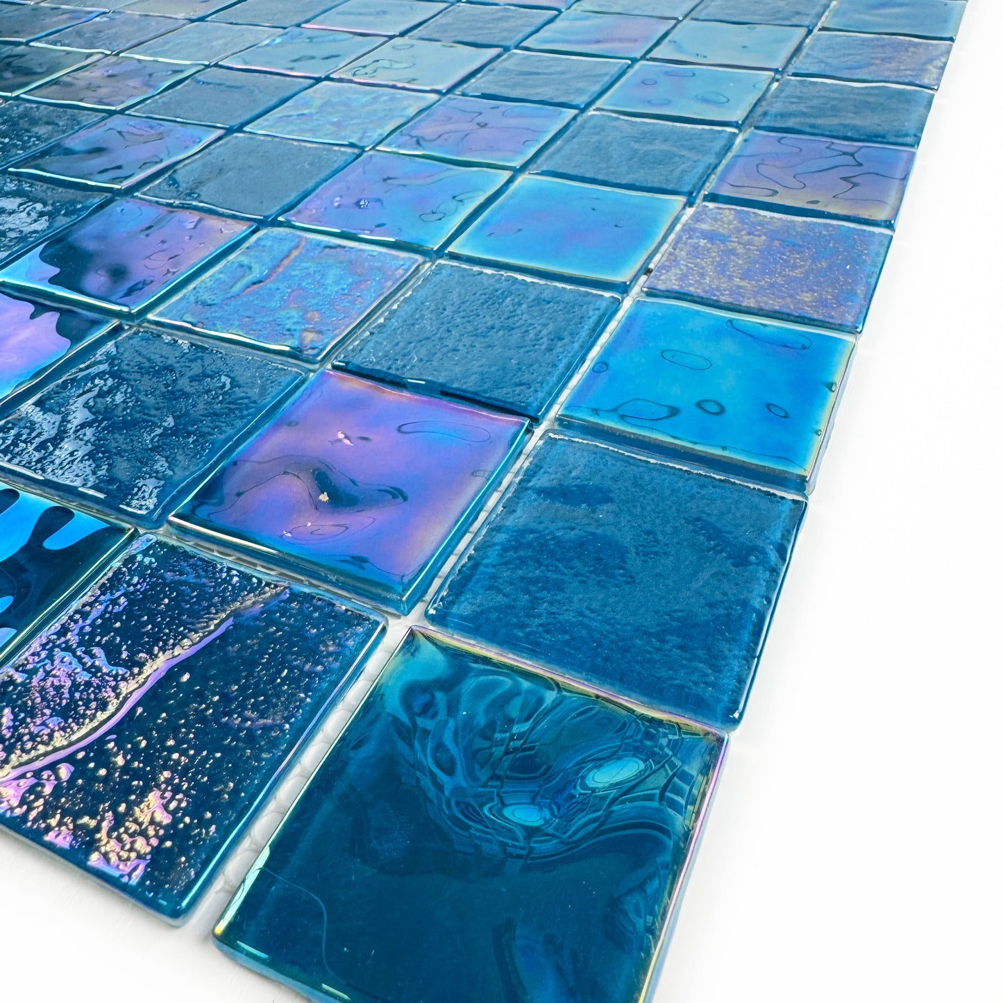 Crystal Cascade Series Sky Blue Iridescent Mixed Wave Pattern Crystal Glass Mosaic