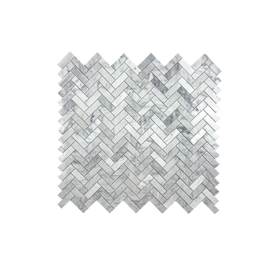 Savoy Prestige Series Carrara White Polished Herringbone Marble Mosaic