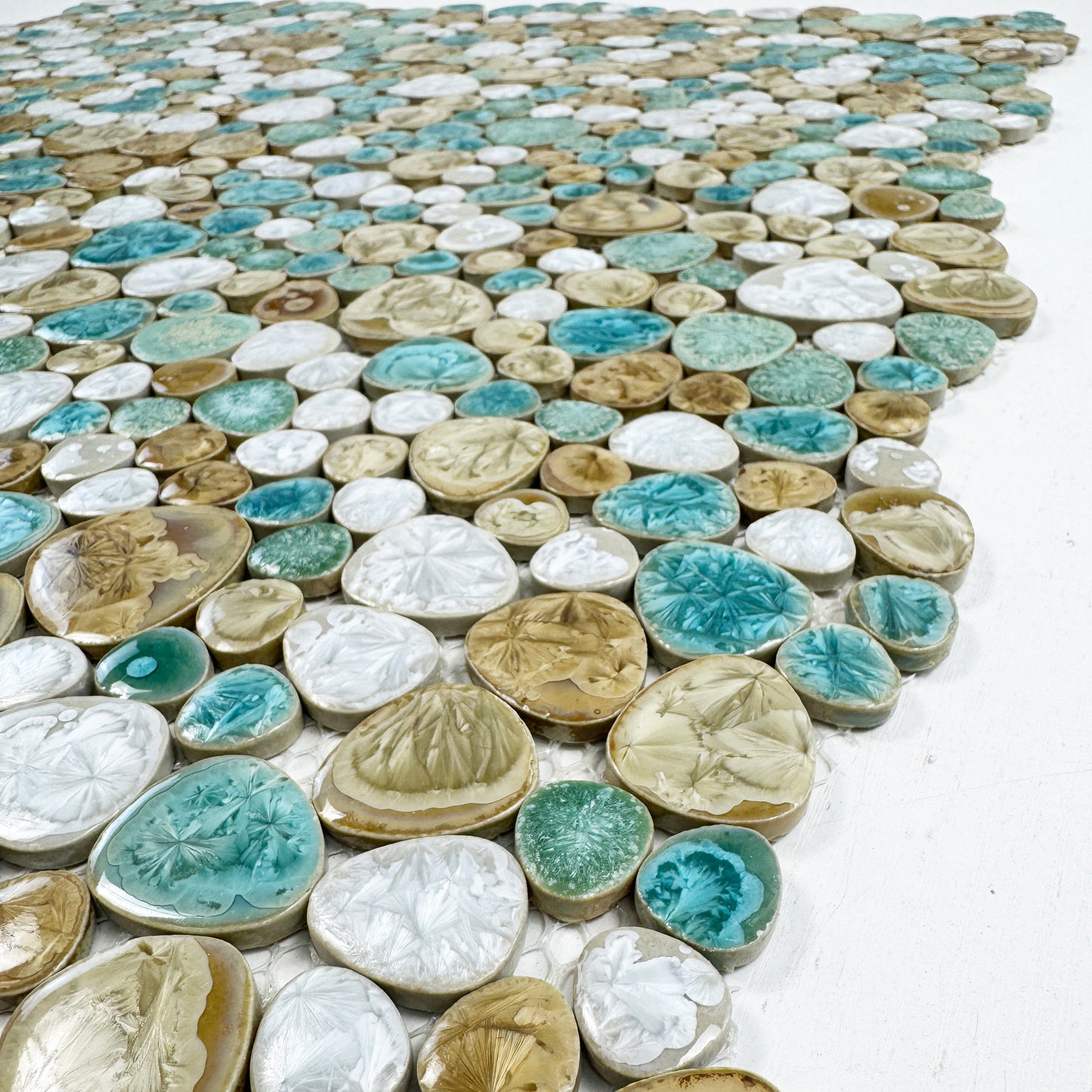 Positano Sky Series White & Beige & Jungle Green Mixed Round  Ice Crack Porcelain Mosaic