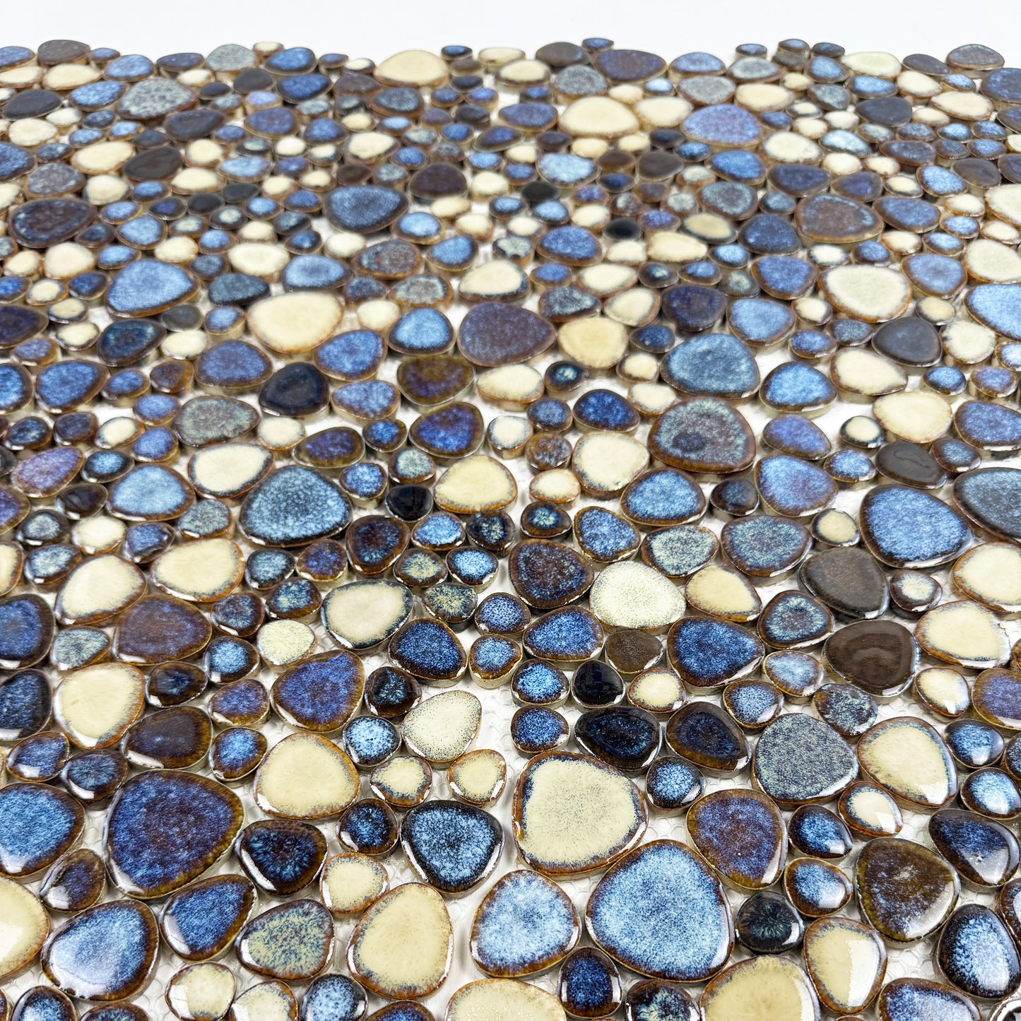 Positano Sky Series Cream White & Midnight Blue & Walnut Brown Mixed Round  Ice Crack Porcelain Mosaic