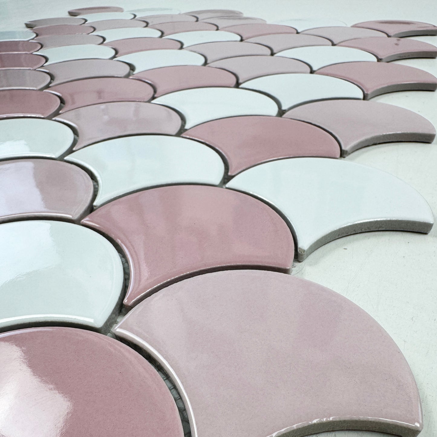 Verona Grace Series White & Light Pink & French Pink Mixed Fan Shape  Porcelain Mosaic