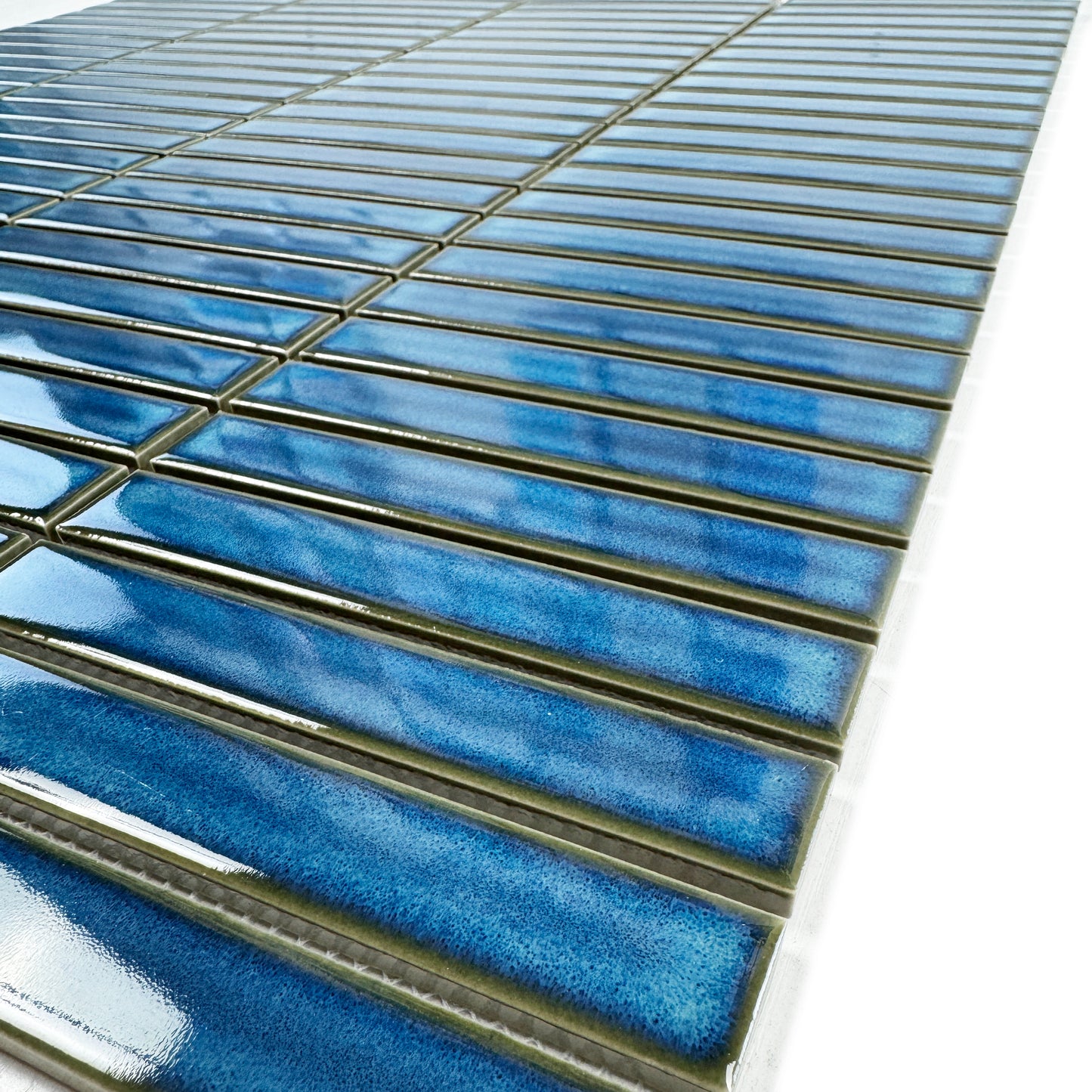 Aurora Strips Series Steel Blue Glossy Long Strip  Kiln Vary Porcelain Mosaic