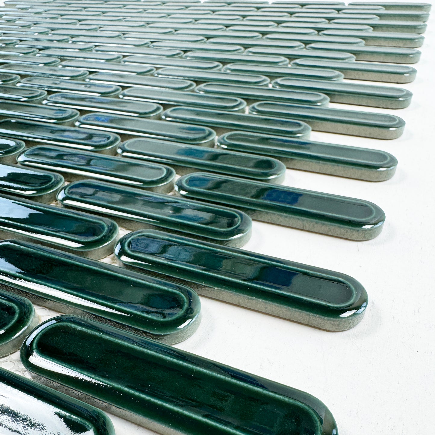 Ravello Garden Series Deep Emerald Green Elongated Oval Shape Glossy Porcelain Mosaic