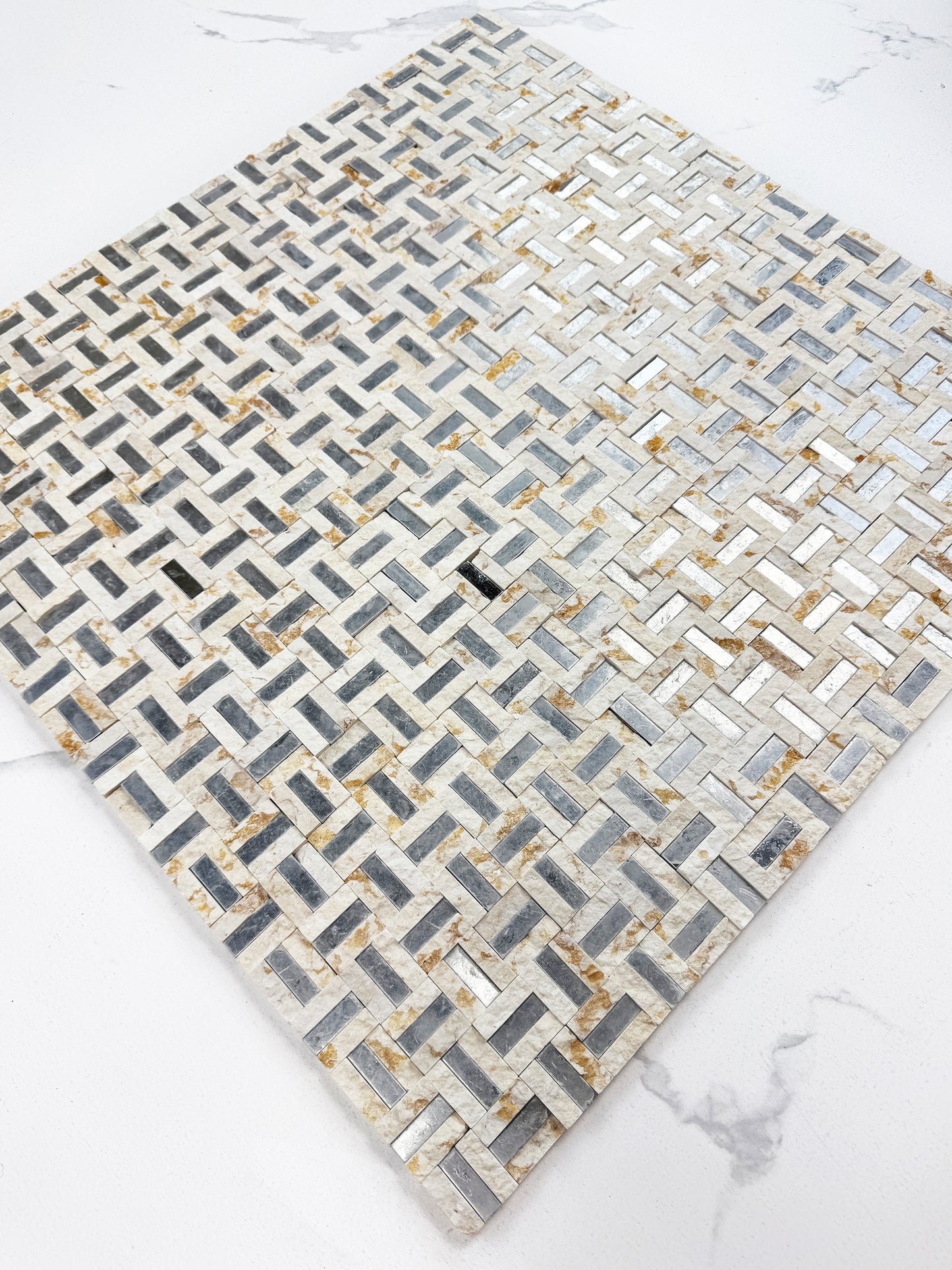 Radiant Eclipse Sunny Beige & Silver Stainless Steel Split Woven Shape Marble Mosaic