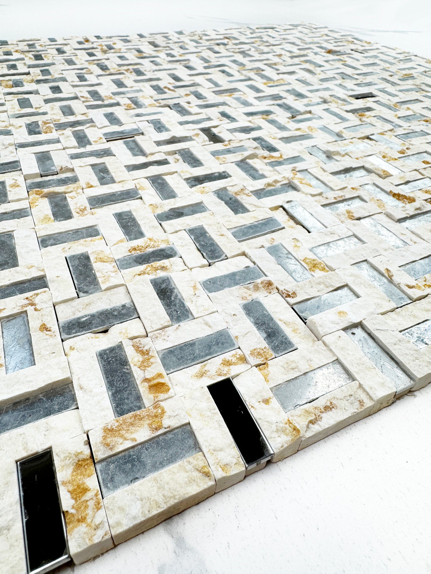 Radiant Eclipse Sunny Beige & Silver Stainless Steel Split Woven Shape Marble Mosaic