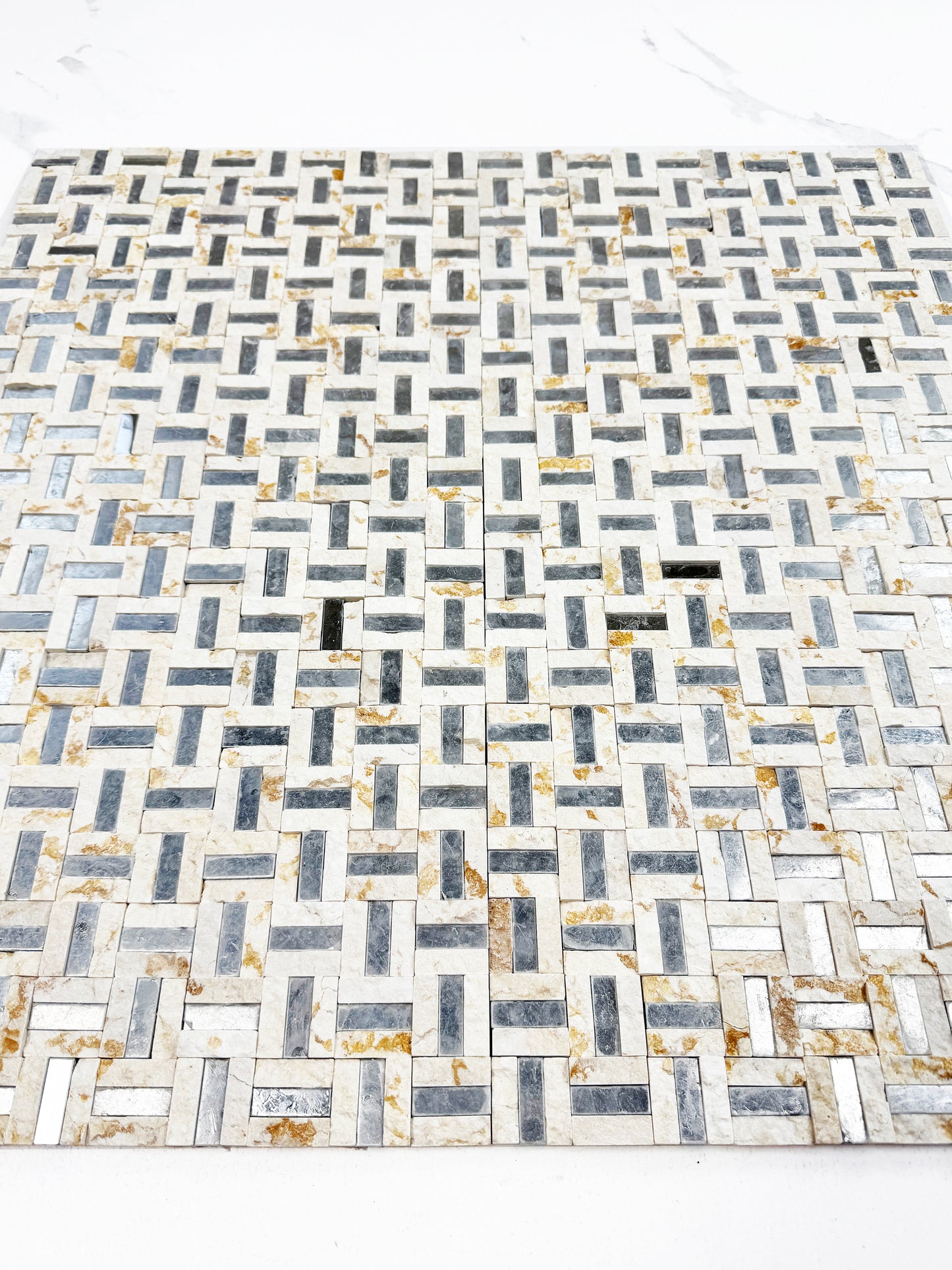 Radiant Eclipse Sunny Beige & Silver Stainless Steel Split Woven Shape Marble Mosaic