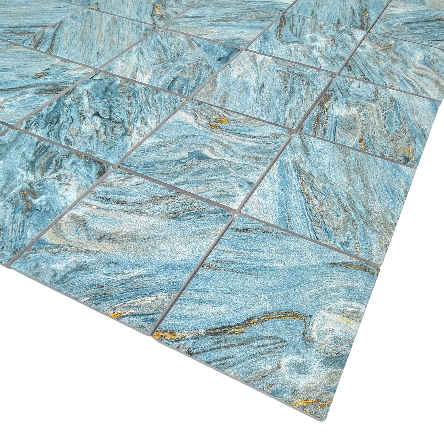 Majestic Naturale Series Sky Blue & Gold Vein Mixed Convex Matte Surface Stone Pattern Porcelain Mosaic