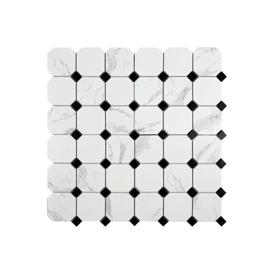 Carrara Lumina Series Carrara White Hexagon With Black Square Mixed Porcelain Mosaic