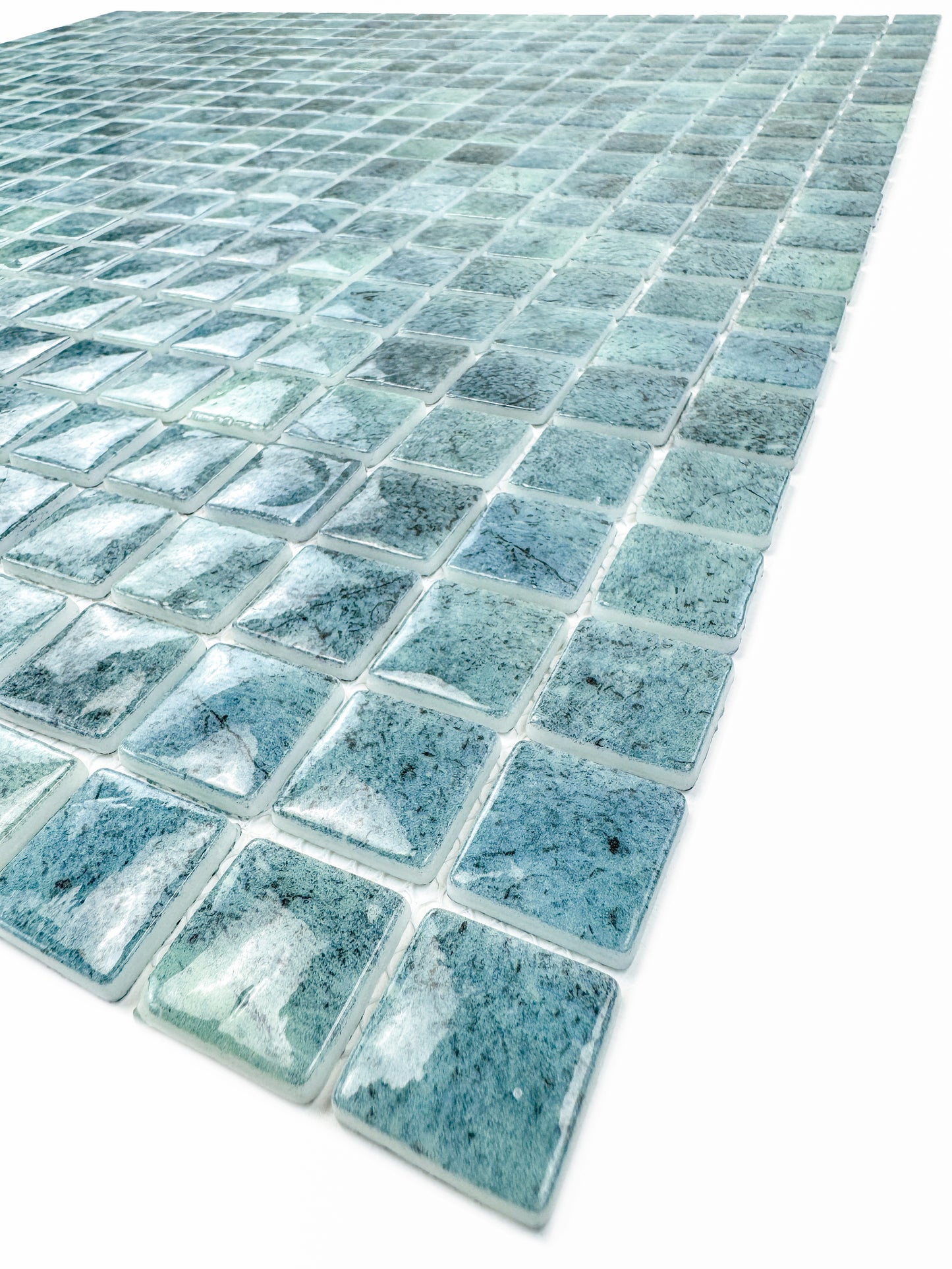 Opulent Vein Series Pine Green & Sea Green Marble Texture Glossy Recycled Glass Mosaic