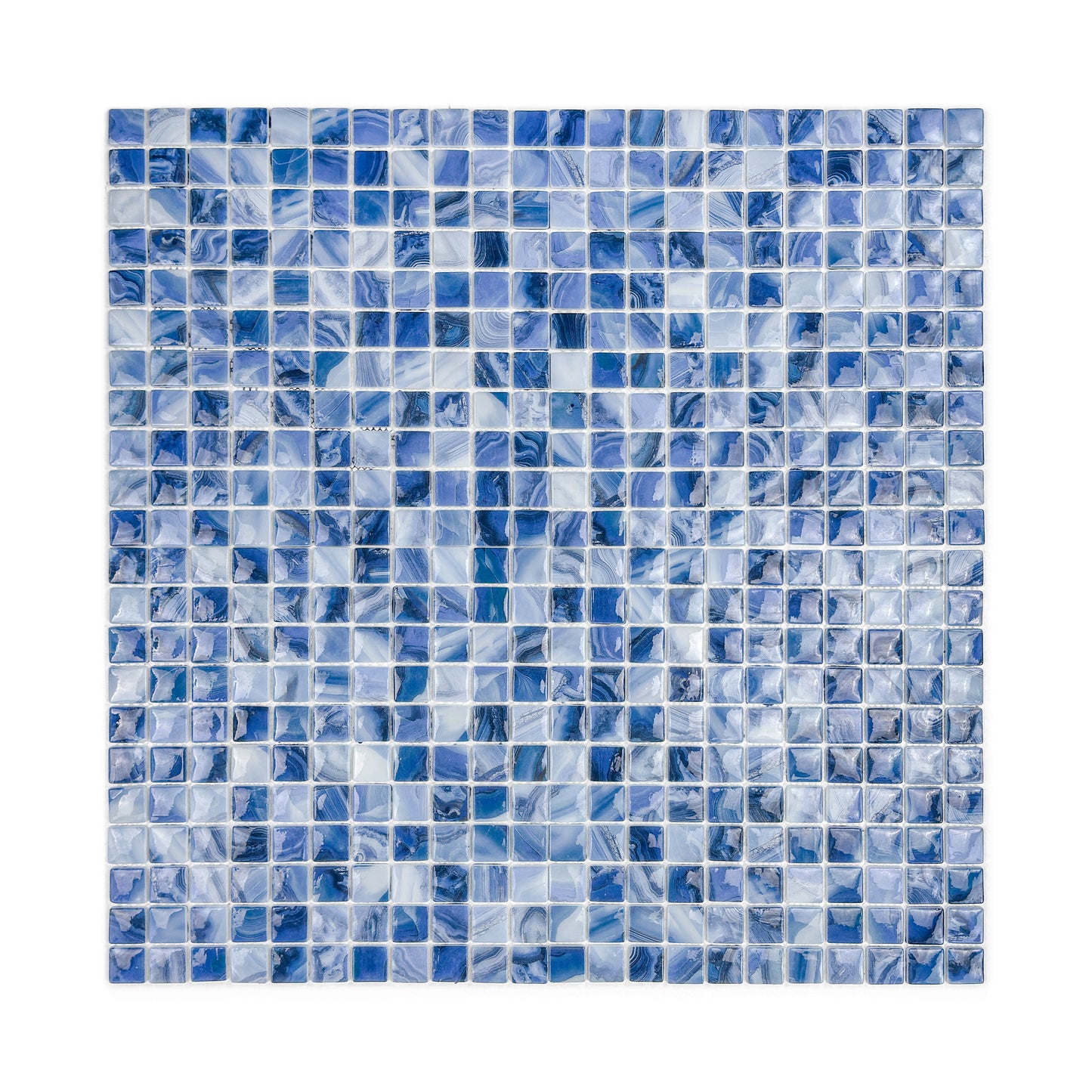 Opulent Vein Series Yale Blue & Milk White Marble Texture Glossy Recycled Glass Mosaic