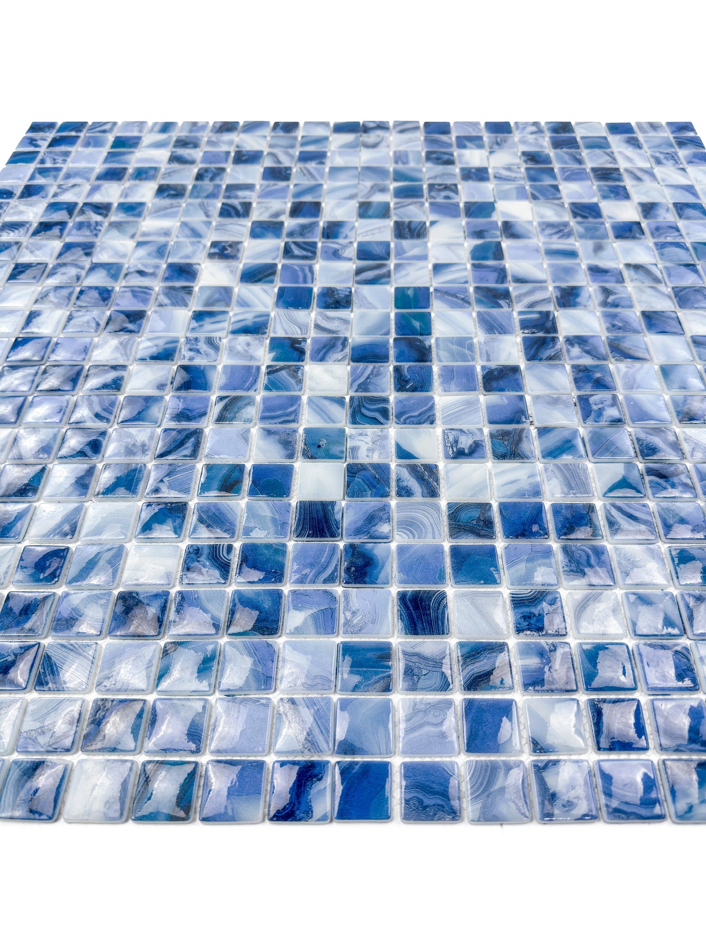 Opulent Vein Series Yale Blue & Milk White Marble Texture Glossy Recycled Glass Mosaic